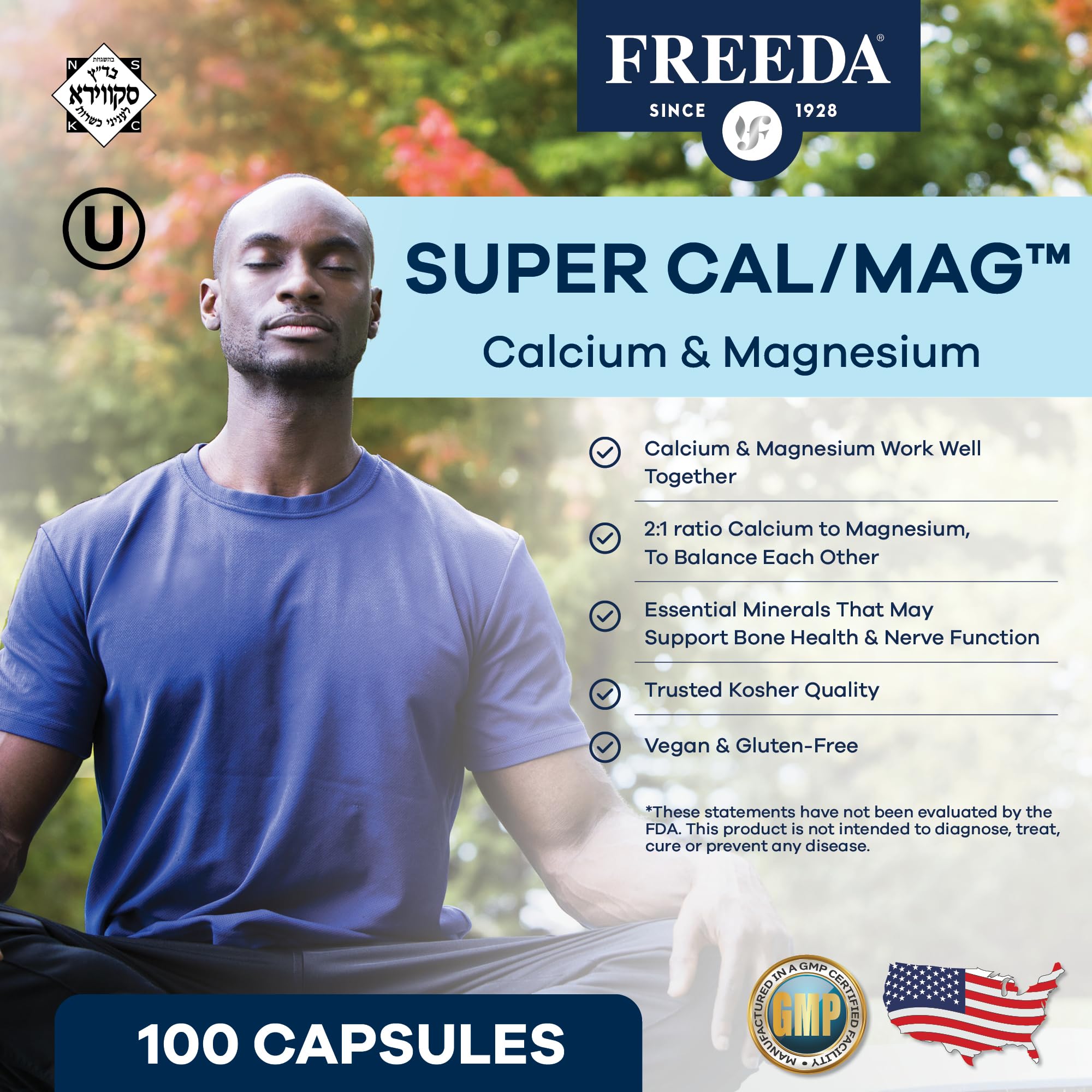 Freeda Calcium Magnesium 2:1 Supplement - 250 Capsules | Vegan Calcium & Magnesium Formula - Third-Party Tested - Support Bone Strength, Muscle Relaxation, and Healthy Nerve Function