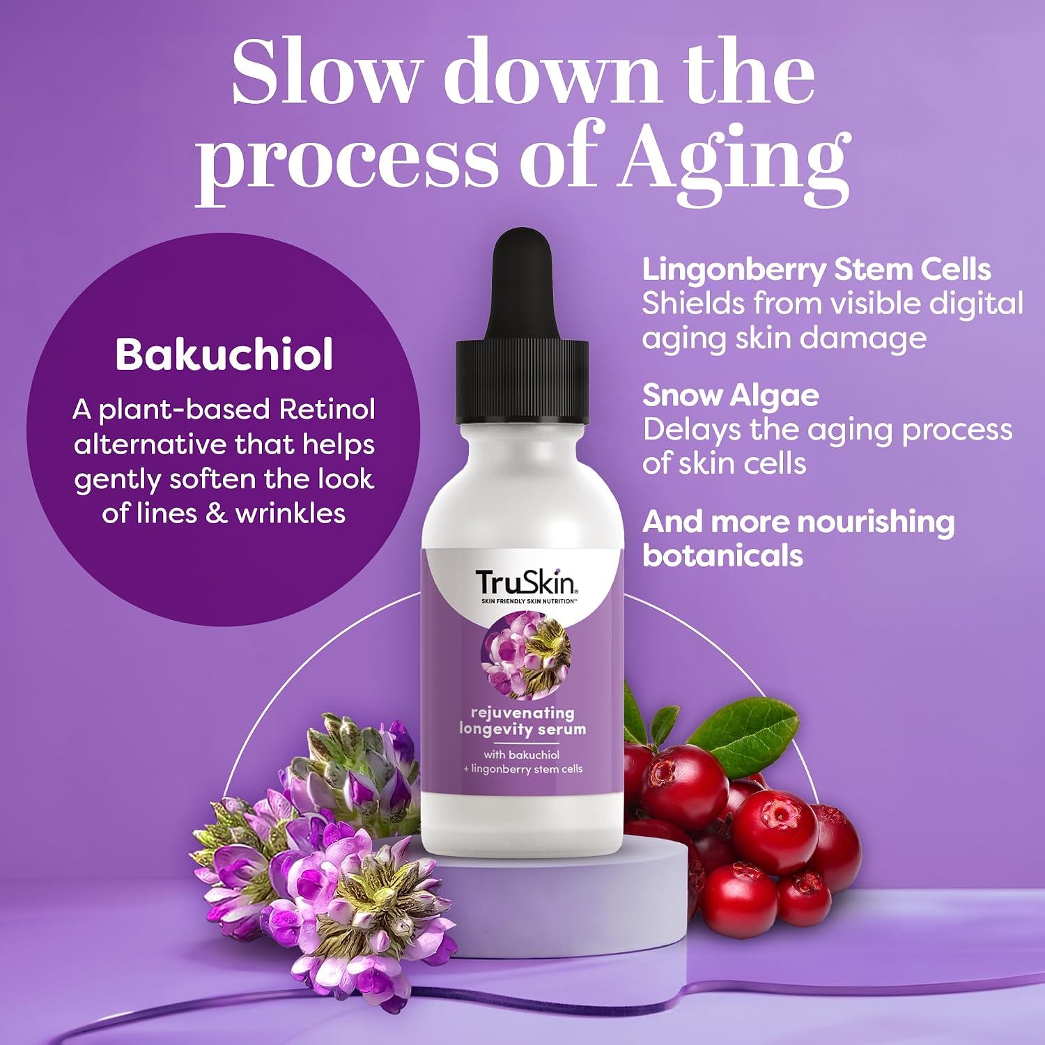 TruSkin Bakuchiol Face Serum, Gentle Retinol Alternative, 1 fl oz | With Snow Algae and Lingonberry stem cells to visibly smooth wrinkles and support healthy-looking, firmer skin