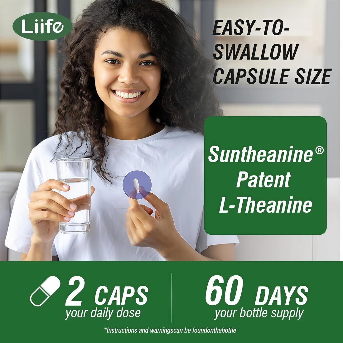 Supplement bottle labeled 'L-Theanine' with a white cap and green label on a white background.