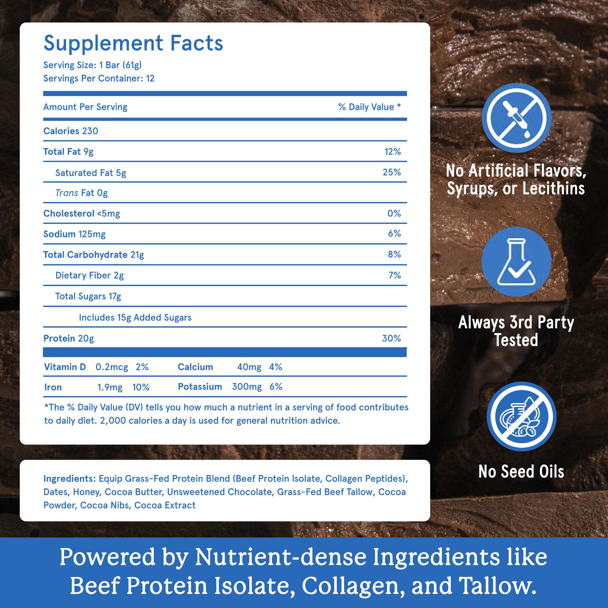 Equip Foods High Protein Prime Bars – Grass Fed Beef Protein, Collagen & Tallow – Gut Friendly, Gluten Free 20g Protein Bars - Only Real-Food Ingredients - Peanut Butter Chocolate, 12 Count