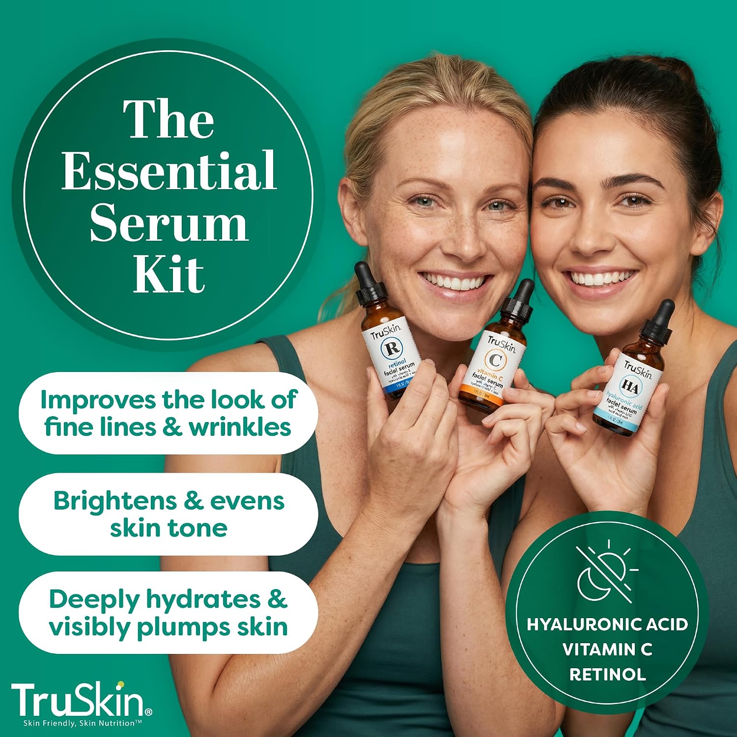 TruSkin Serum Trio with Vitamin C, Retinol & Hyaluronic Acid, 1 fl oz Each | Complete anti aging AM, PM & all-day skincare routine with coordinated serums to brighten, smooth & hydrate skin