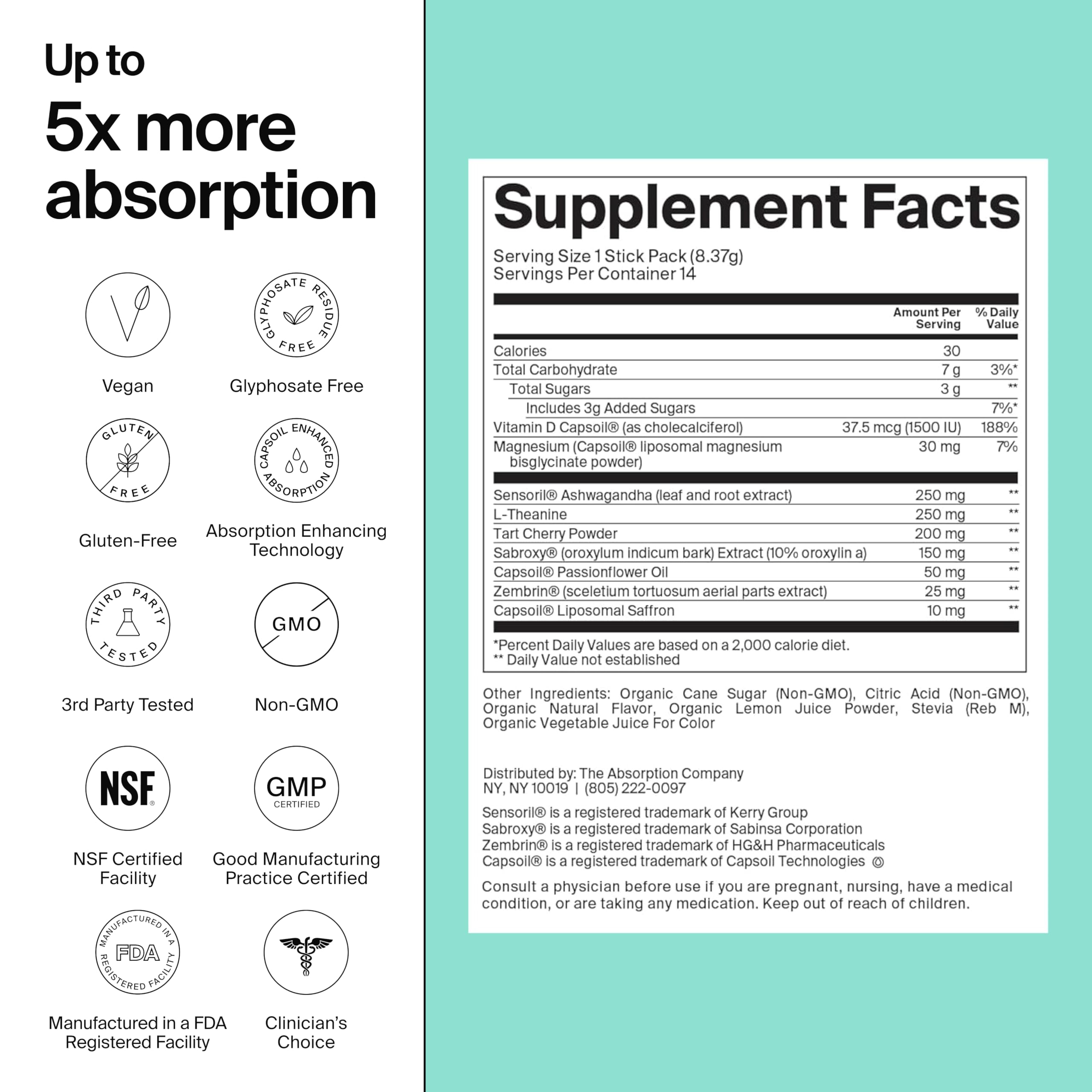 The Absorption Company Calm Powder - Magnesium Drink Mix Packets - 14PK | Vitamin-D,Cortisol Regulation for Men & Women, Mood Support with Ashwagandha & L-Theanine for Relaxation, Watermelon Lemonade