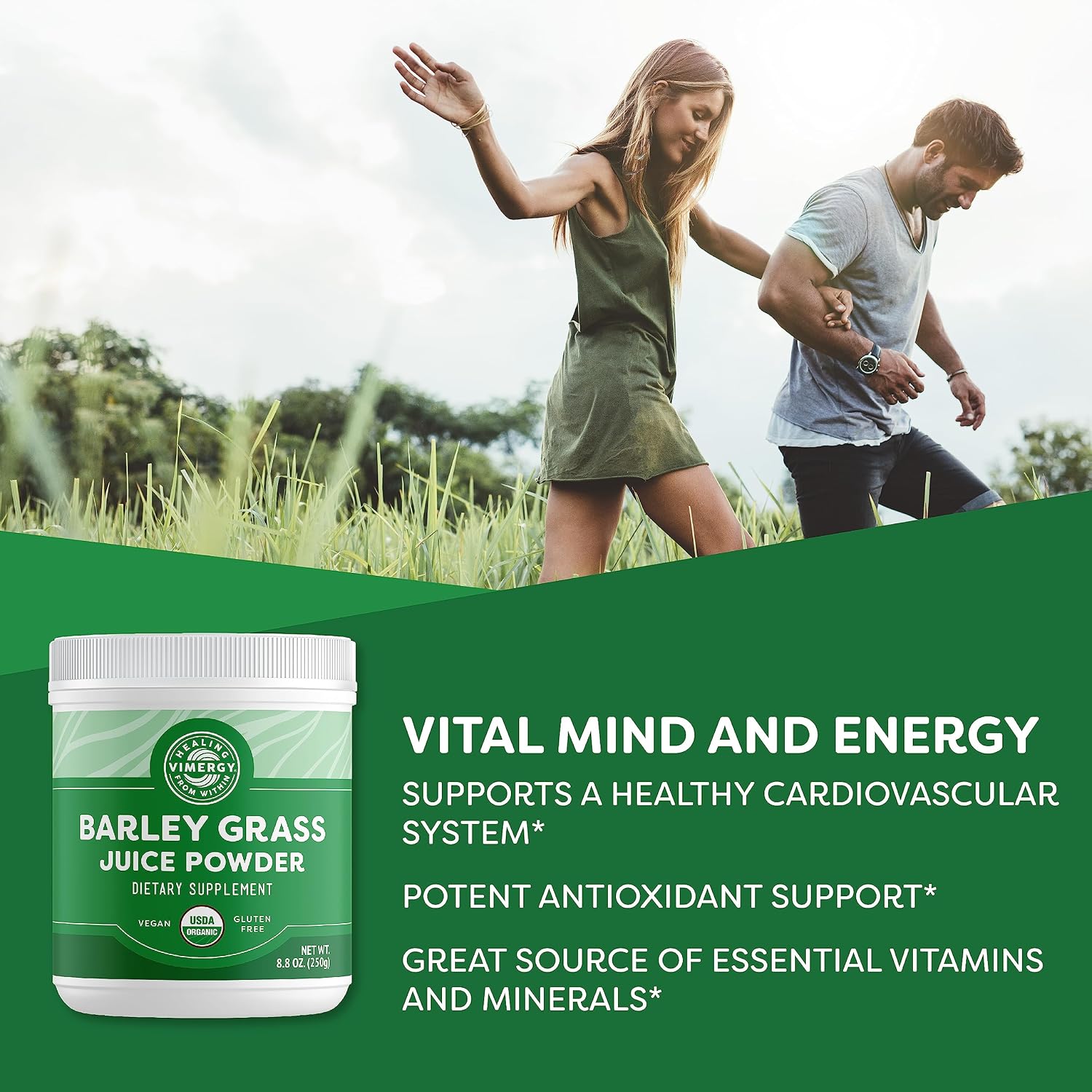 Vimergy Barley Grass Juice Powder Dietary Supplement - 4g per Serving (62 Servings) – Clean Superfood – Promotes Cardiovascular Health* – Organic, Vegan & Gluten-Free – Regular Size 250g