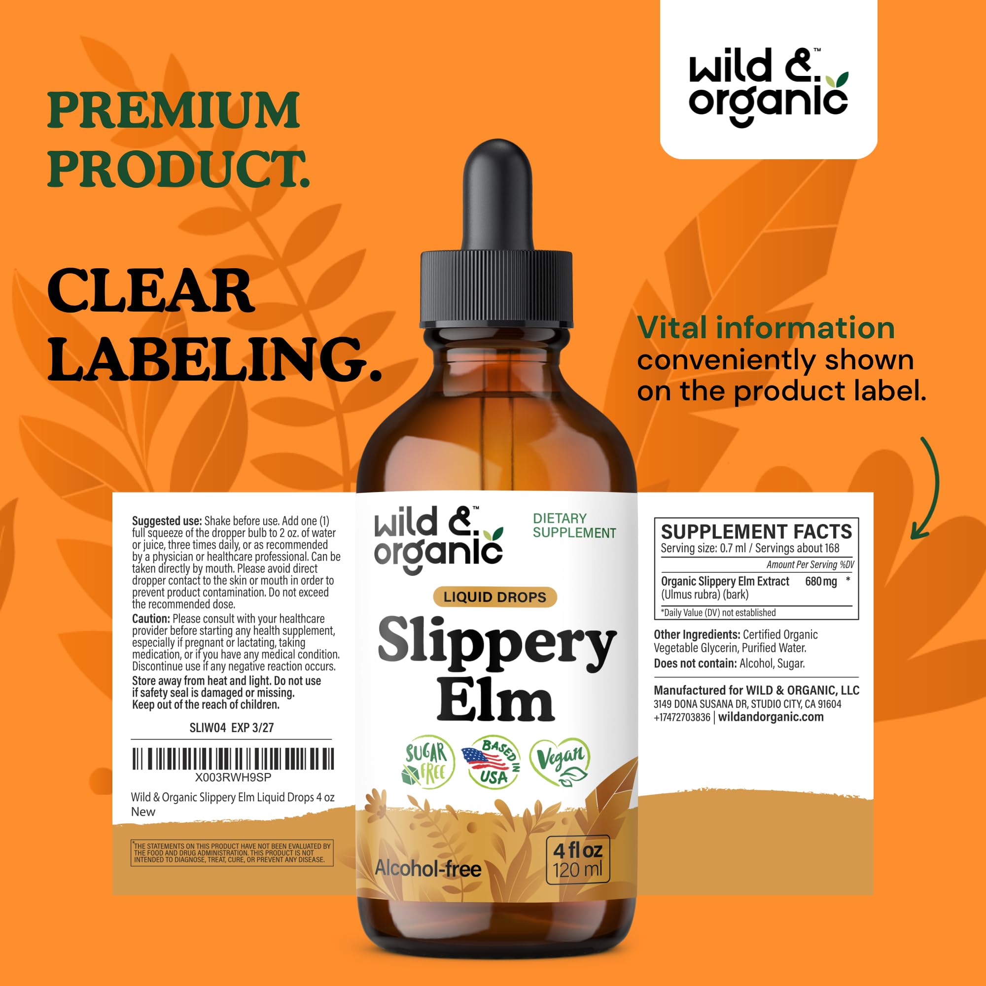 Wild & Organic Slippery Elm Liquid Drops - Lung, Digestive & Women's Support - Slippery Elm Bark Supplement - Add to Tea Tincture - Ulmus Rubra Herb - Vegan, Sugar & Alcohol-Free - 4 fl oz