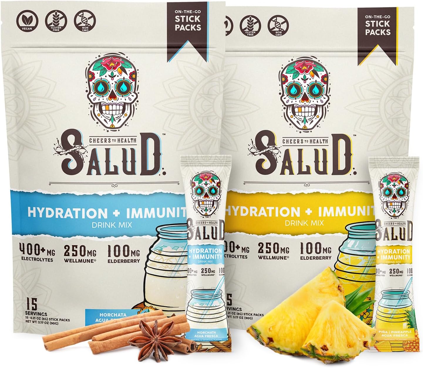 Salud 2-Pack | 2-in-1 Hydration + Immunity (Horchata) & Hydration + Immunity (Pineapple) – 15 Servings Each, Agua Fresca Drink Mix, Non-GMO, Gluten Free, Vegan, Low Calorie, 1g of Sugar