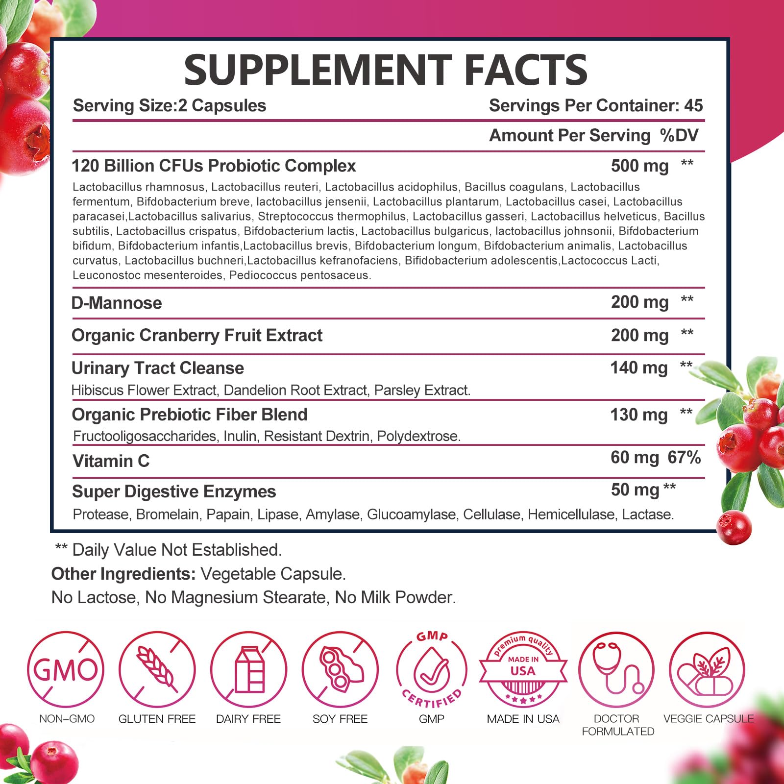 DRFOSTER Probiotic for Women 120B Urinary & Digestive Health, 90 Capsules | 31 Strains, Prebiotics, Enzymes, D-Mannose & Cranberry, Vaginal, Urinary & Digestive Support, Non-GMO, Gluten-Free