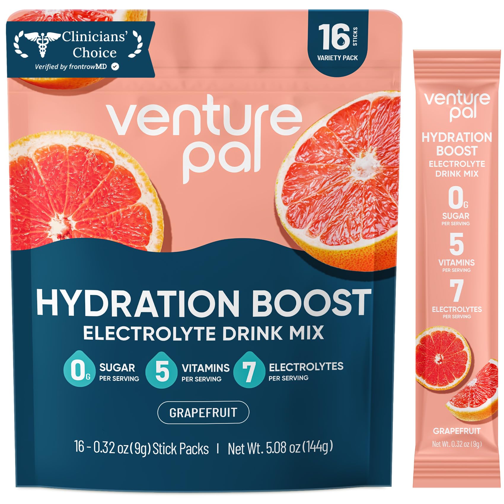Venture Pal Sugar Free Electrolyte Powder Packets, Keto Friendly, 16 Sticks | Liquid Daily IV Hydration Packets for Rapid Rehydration. 7 Electrolytes & 5 Vitamins | Non-GMO | Vegan | Fast Dissolve