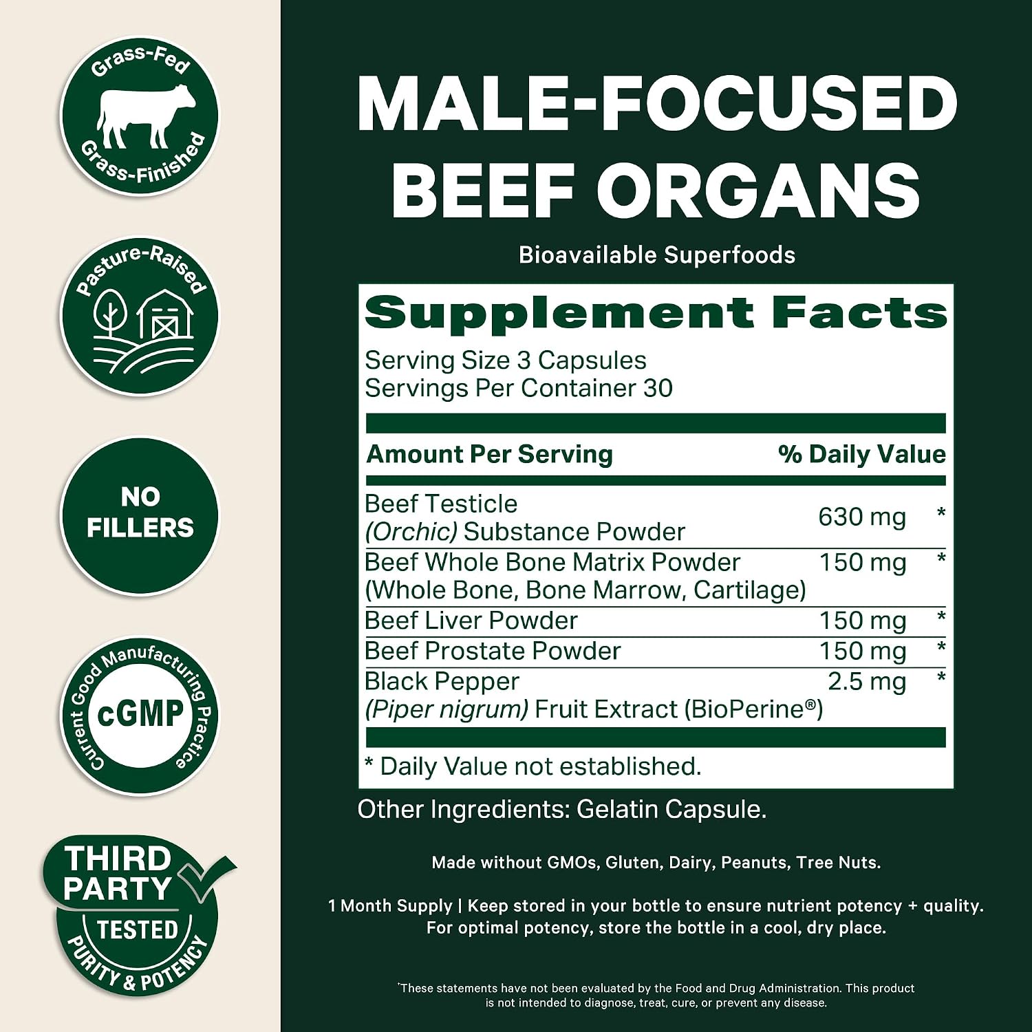 Pink Stork Men's Beef Organ Complex, Bioavailable Superfoods, 30 Servings | Grass-Fed, Grass-Finished Beef Liver, Testicle, Prostate + Bone Marrow | Supports Energy, Vitality + Men's Health