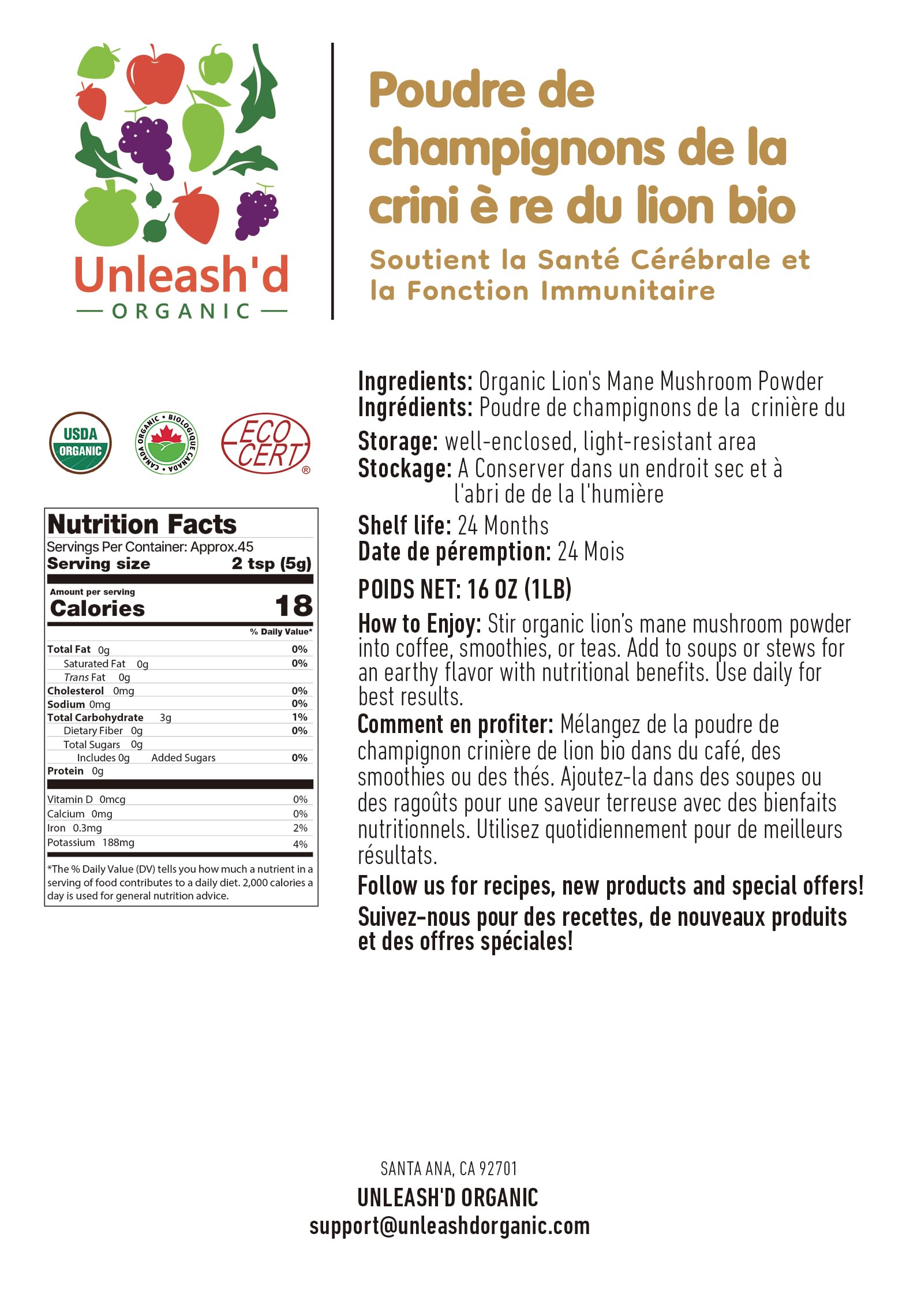 UNLEASH'D ORGANIC Organic Lion's Mane Mushroom Powder 16 oz – 100% Pure Natural Superfood, Rich in Antioxidants & Polysaccharides