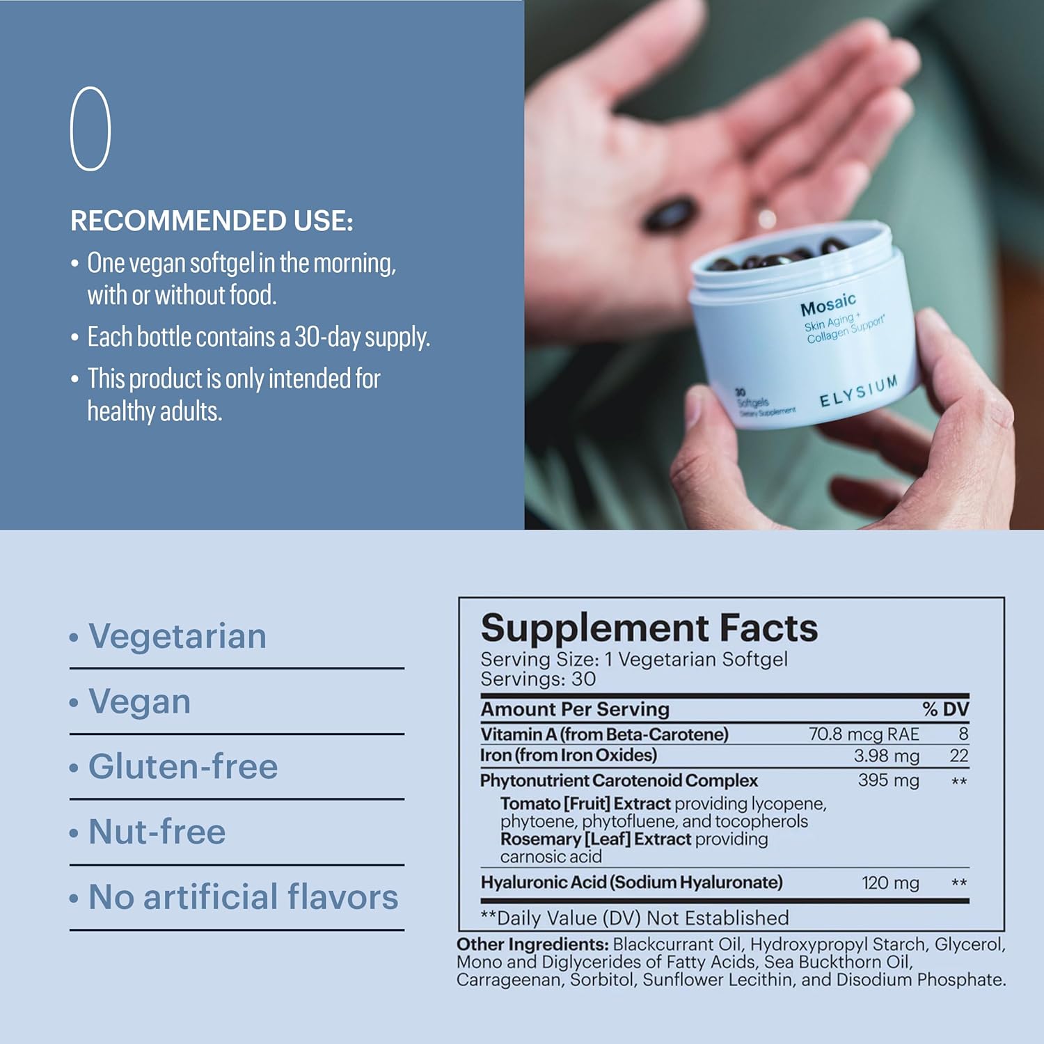 ELYSIUM Mosaic – Hyaluronic Acid & Collagen Supplement – Clinically Proven to Hydrate Skin & Reduce Fine Lines – Fights Visible Signs of Aging – 30-Day Softgel Supply