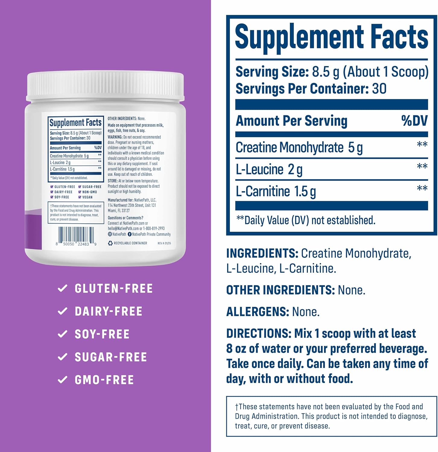 NativePath Creatine Monohydrate, Unflavored, 30 Servings | 5g Per Serving, 2g L-Leucine & 1.5g L-Carnitine, Supports Strength, Power, Muscle & Recovery, Men & Women