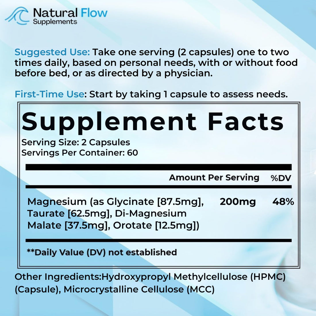 Black supplement bottle labeled 'Magnesium 4X Complex' by Natural Flow Supplements on a white background.