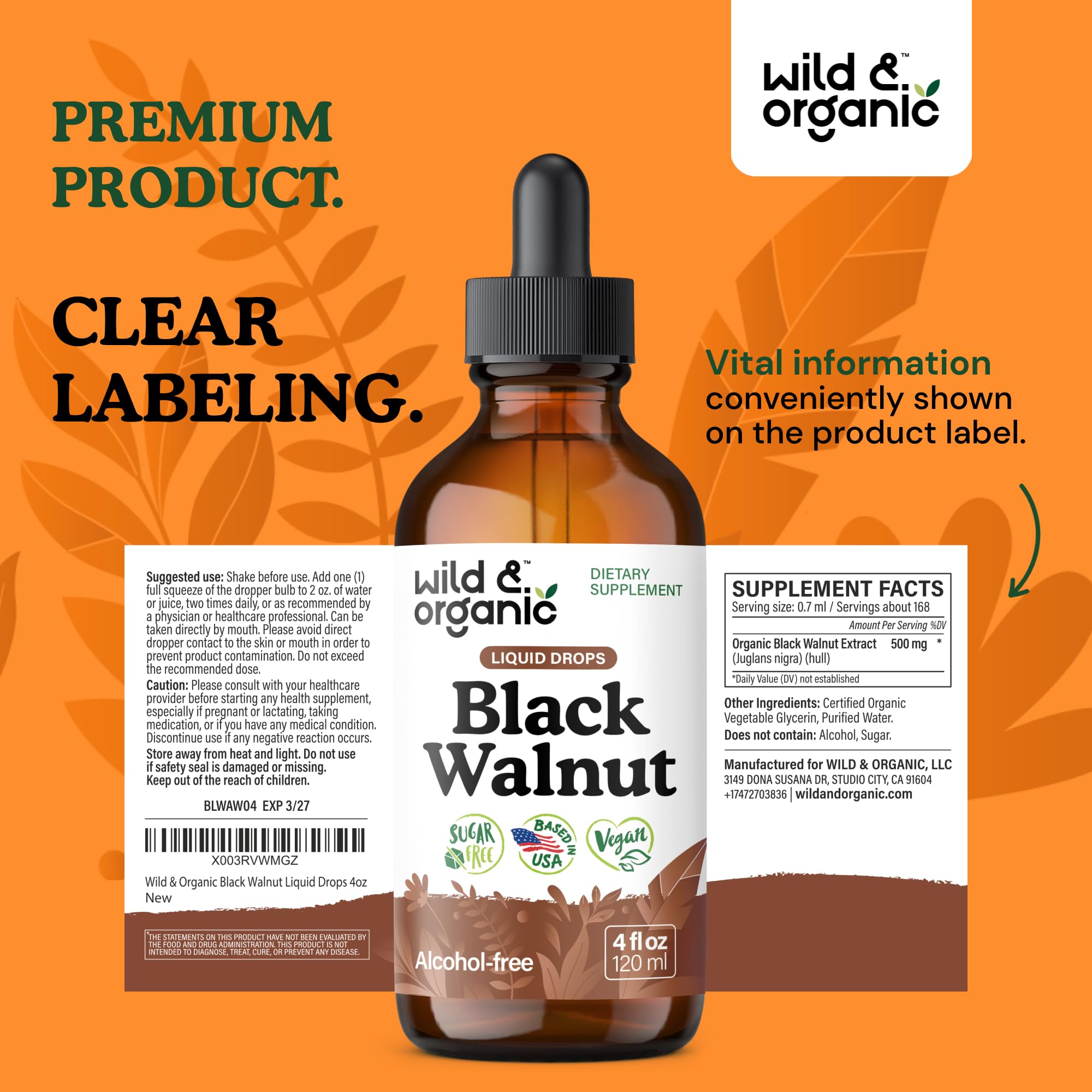 Wild & Organic Black Walnut Hull Tincture - Cleanse & Gut Support - Black Walnut Extract Supplement - Fast Absorption Liquid Drops - Add to Tea & Mix with Powder - Without Alcohol & Sugar - 4 fl oz