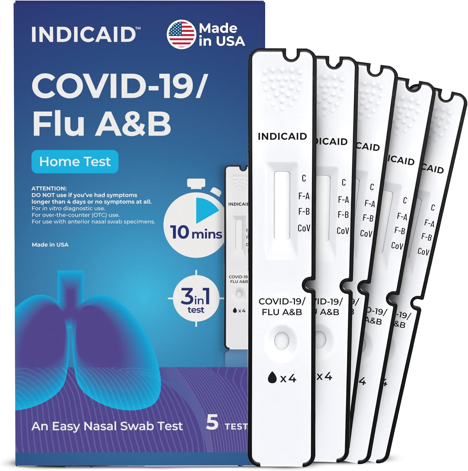 INDICAID COVID-19/Flu A+B 3-in-1 Antigen Test, Covid Flu Test Combo, 5 Tests, Accurate Results in 10 Minutes - Made in USA, Easy to Use at Home, School, Working Place, and when Traveling- FSA/HSA Eligible