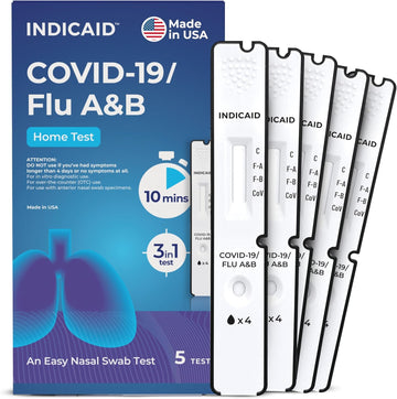 INDICAID COVID-19/Flu A+B 3-in-1 Antigen Test, Covid Flu Test Combo, 5 Tests, Accurate Results in 10 Minutes - Made in USA, Easy to Use at Home, School, Working Place, and when Traveling- FSA/HSA Eligible