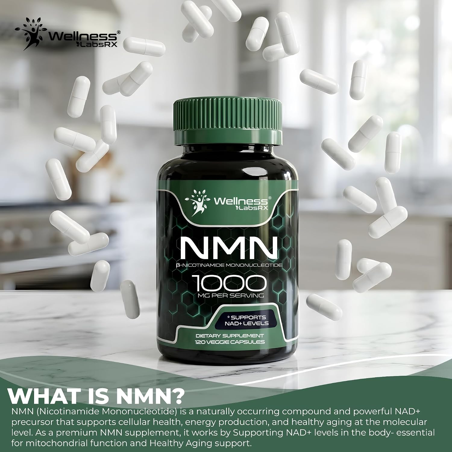 NMN Supplement 1000mg Pure Organic Nicotinamide Mononucleotide - NMN NAD Supplement for Anti-Aging, Longevity, Cellular, and Energy Supplements – Suitable for Women and Men Energy Support - 120 Count