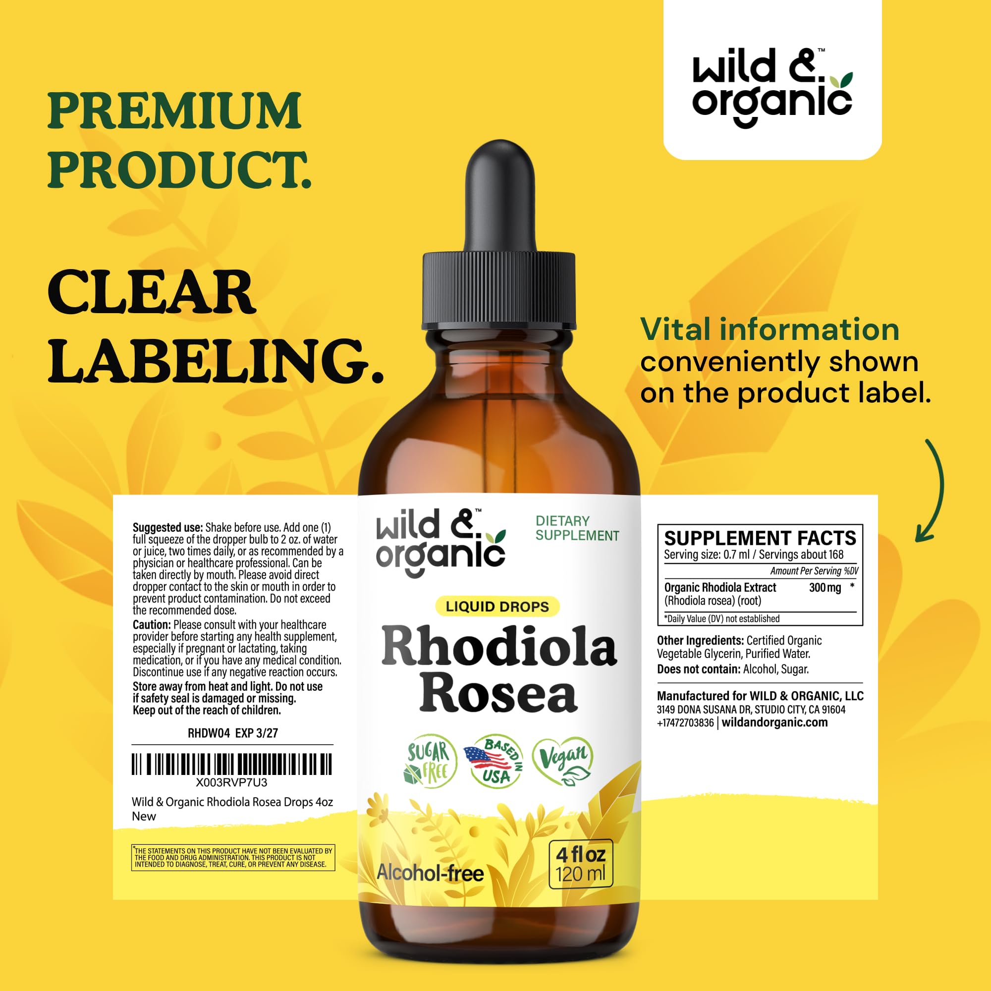 Wild & Organic Rhodiola Rosea Tincture - Rhodiola Rosea Supplement for Mood Support - Relaxing Root Extract Liquid Drops - Vegan, Sugar & Alcohol-Free - 4 fl oz