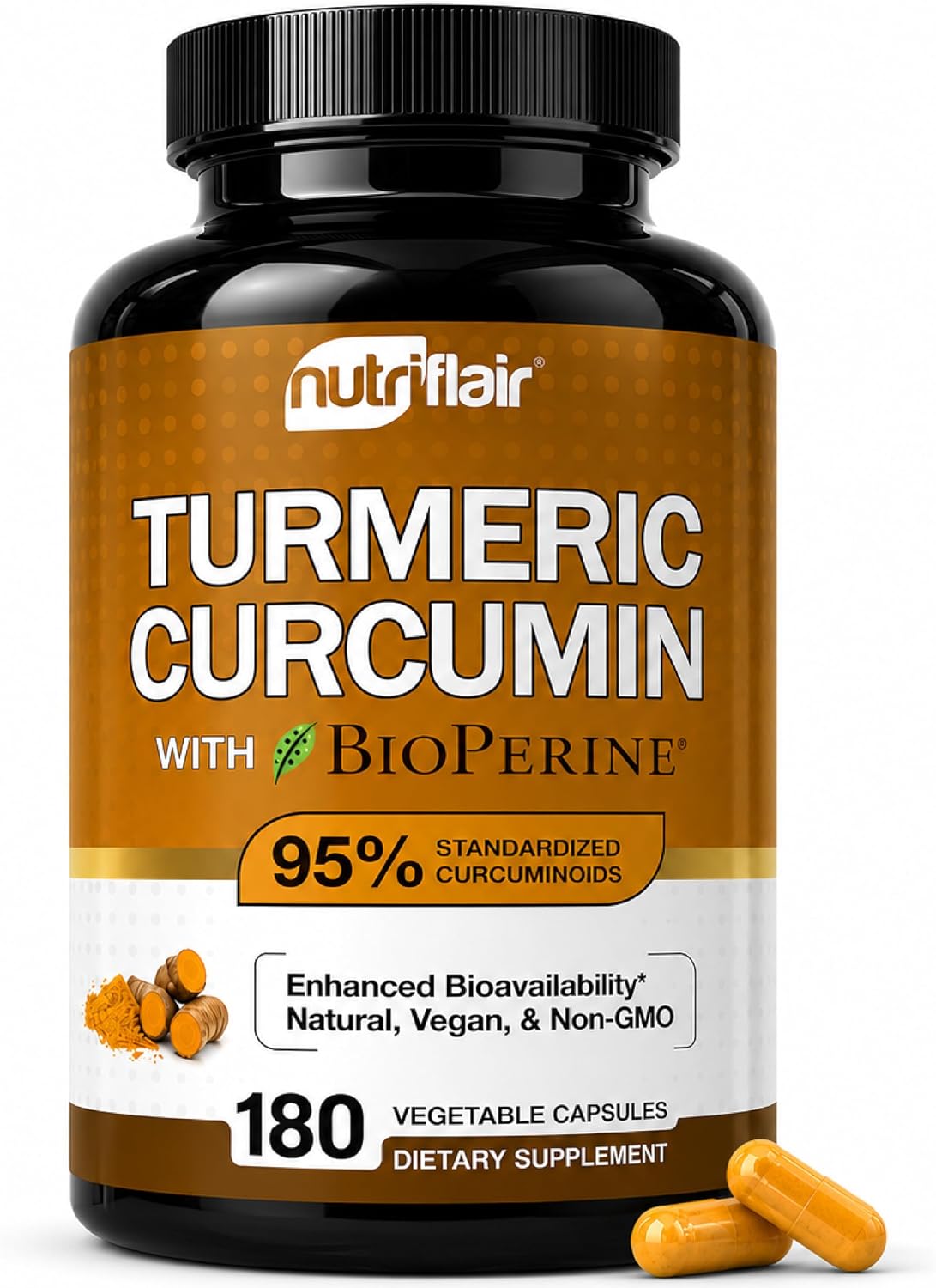 NutriFlair Turmeric Curcumin with BioPerine - 1300mg, 180 Capsules - 95% Standardized Curcuminoids Turmeric Supplement Extract with Black Pepper for Optimal Absorption - 180 Capsules
