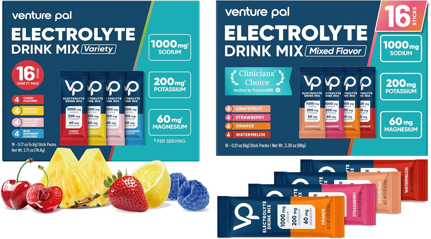 Venture Pal High Sodium Sugar-Free Electrolyte Powder Combo Pack | Hydration Drink Mix with Sodium, Potassium & Magnesium | Keto, Vegan & Paleo Friendly | Zero Calories | 32 Sticks