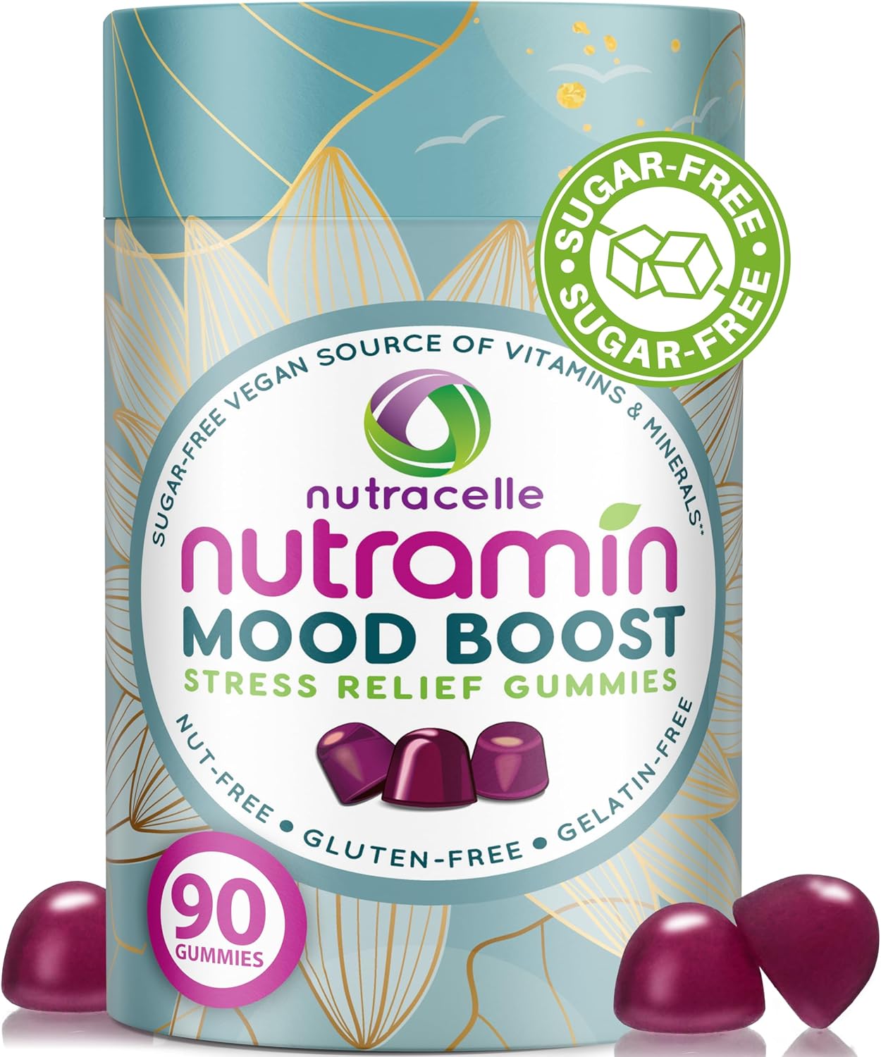 NUTRAMIN Mood Boost Multivitamin Gummy - Delicious & Yummy Anti-Stress Magnesium Ashwagandha Gummies + B Complex Vitamins for Focus and Calm - Sugar-Free, Vegan, Gluten-Free, Allergy-Safe (90 Count)