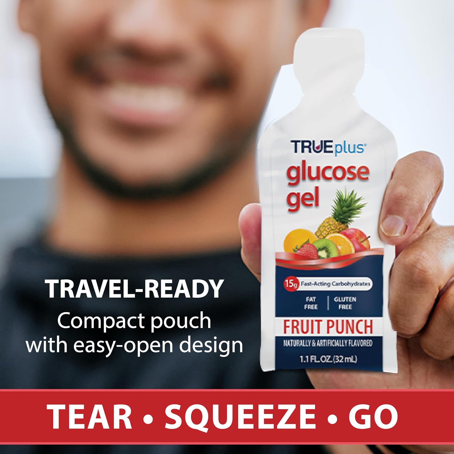 TRUEplus Glucose Gel Pouch, 15g Carbohydrates, Fruit Punch Flavor, 6 Pack | 15g Fast-Acting Carbohydrates Per Serving, Fat Free, Gluten Free, Boosts Energy, Great Tasting and Easy to Use