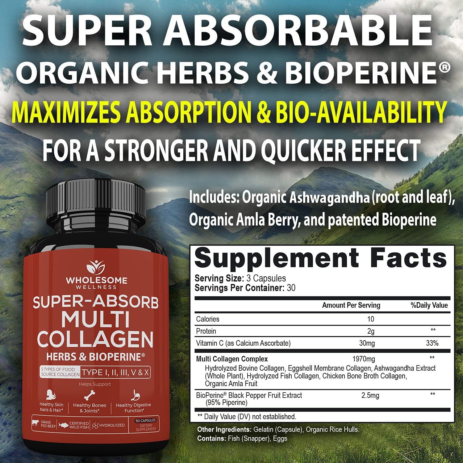 Wholesome Wellness Liposomal Vitamin C Capsules (200 Pills 1500mg Buffered) + Super-Absorb Multi Collagen Pills (Type I II III V X) Organic Herbs and Bioperine Bundle