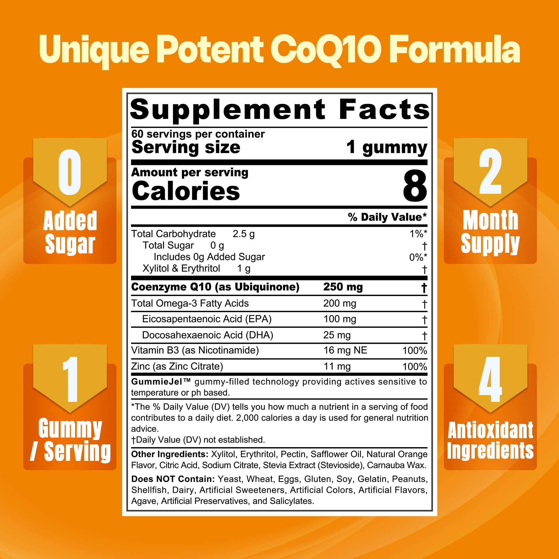 Sugar-Free CoQ10-250mg / 500mg Filled Gummies - Plus Omega-3, EPA + DHA, B3 & Zinc - Ultra Co Q-10 Supplements for Hear-t Health, Cellular Energy, Antioxidant Support, Up to 60 Day Supply, Vegan 60Cts