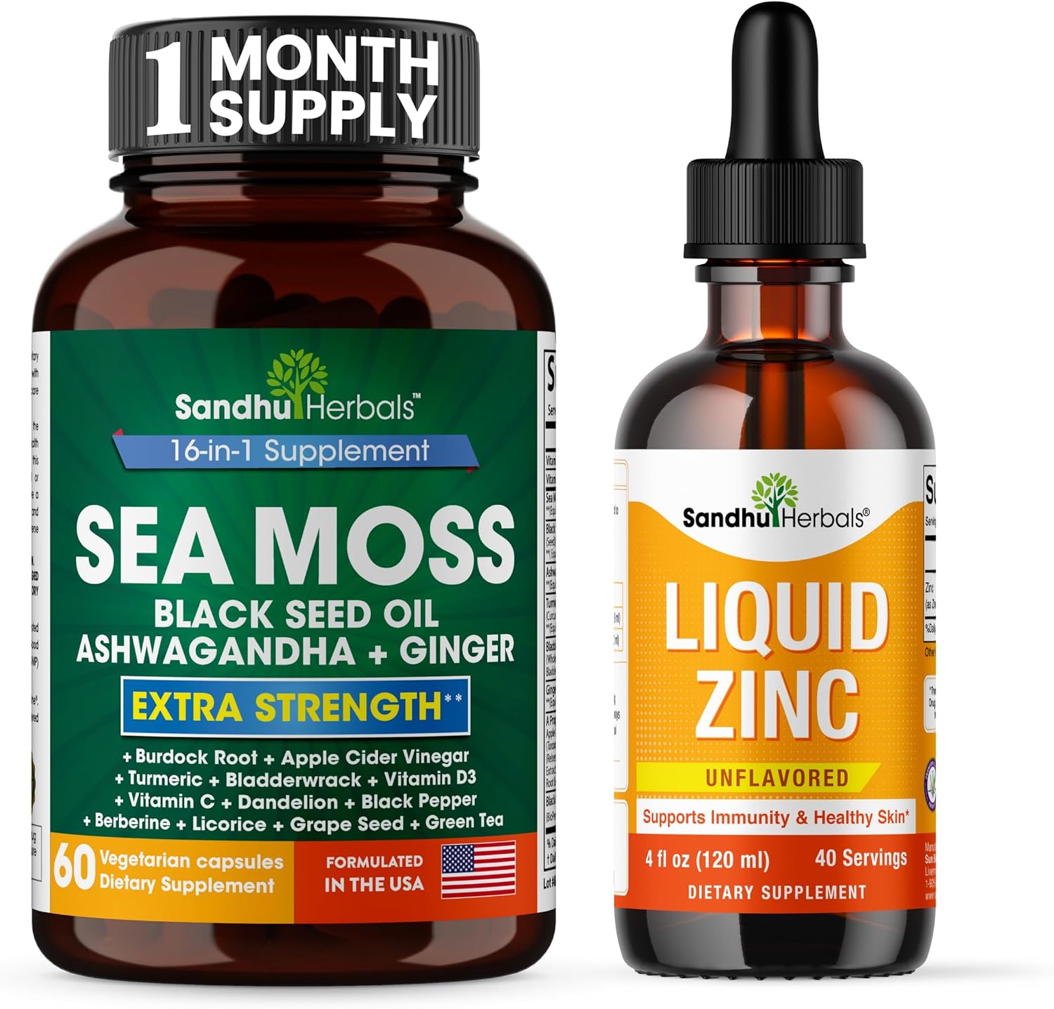Sea Moss 60 Capsules & Liquid Zinc Ionic Drops Supplement 4 fl oz | Supplement for Men & Women| Made in USA