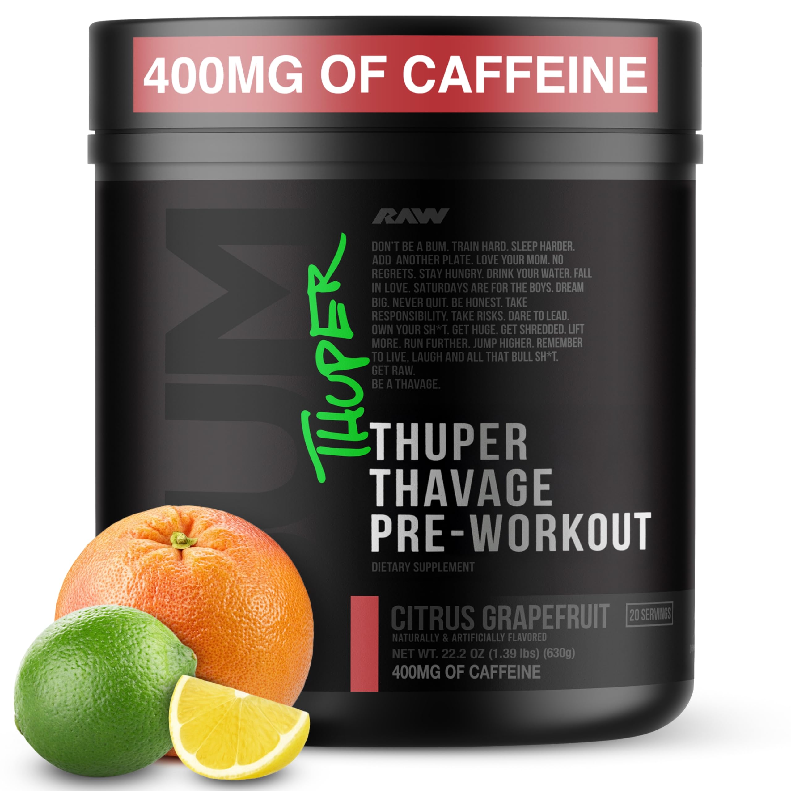 RAW Thuper Thavage Pre Workout Powder - High-Stim Preworkout with Creatine, Beta Alanine, L-Citrulline & Caffeine - Chris Bumstead Gym & Fitness Supplement for Men & Women - Watermelon Grape