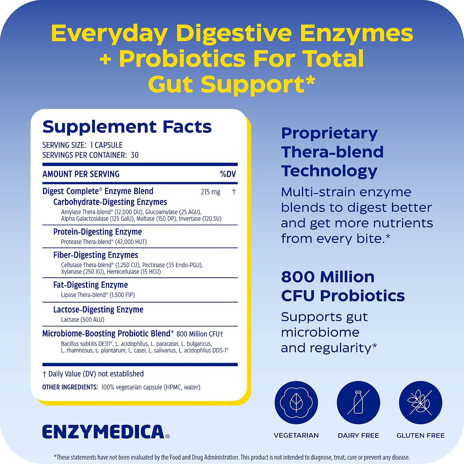 Enzymedica Digest Complete + Probiotics - Digestive Enzyme Supplement for Women & Men, Enzyme and Probiotic Capsules for Digestion, Gut Health Support, Helps Gas & Bloating, Vegetarian - 90 Caps