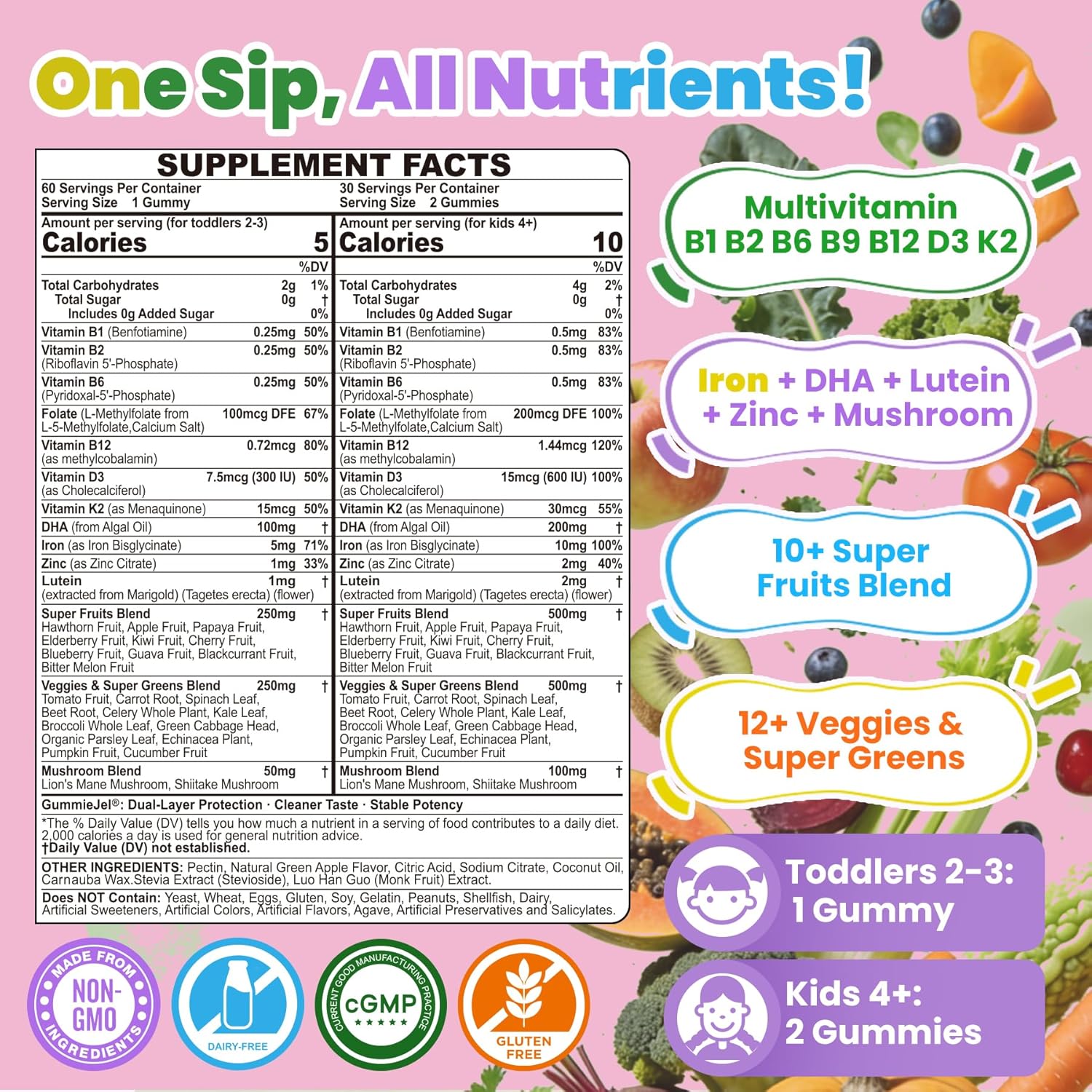 Toddlers 2-3 & Kids 4+ Picky Eater Vitamins with Iron, for Minors Aged 2-17, Children Teens Multiviamin Supergreen Filled Gummies, Methylated B6, B9,B12, Fruits + Veggies + Mushroom, Sugar Free