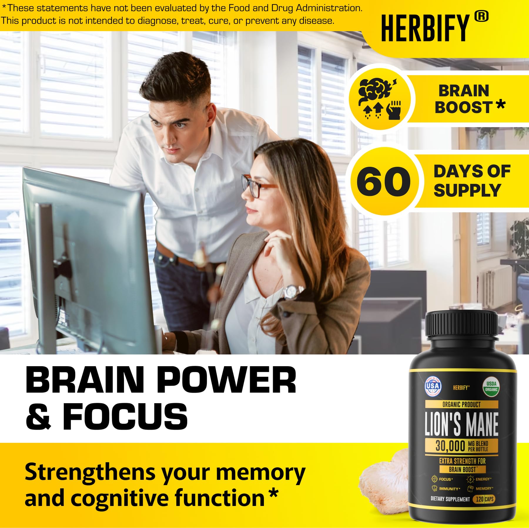 HERBIFY Lions Mane Supplement - Daily Mushroom Supplement for Memory, Focus & Clarity - Brain Booster - Lions Mane Tincture for Immune Support - 4 Fl oz
