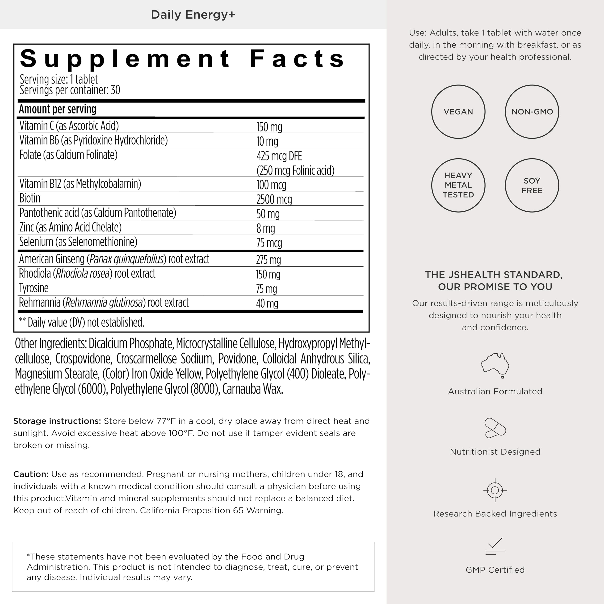 JSHealth Daily Energy Supplement for Women, Vegan, 60 Tablets | Once Daily Energy Vitamins with American Ginseng, Rhodiola, B Vitamins, Vitamin C, Zinc. Supports Stamina and Stress.