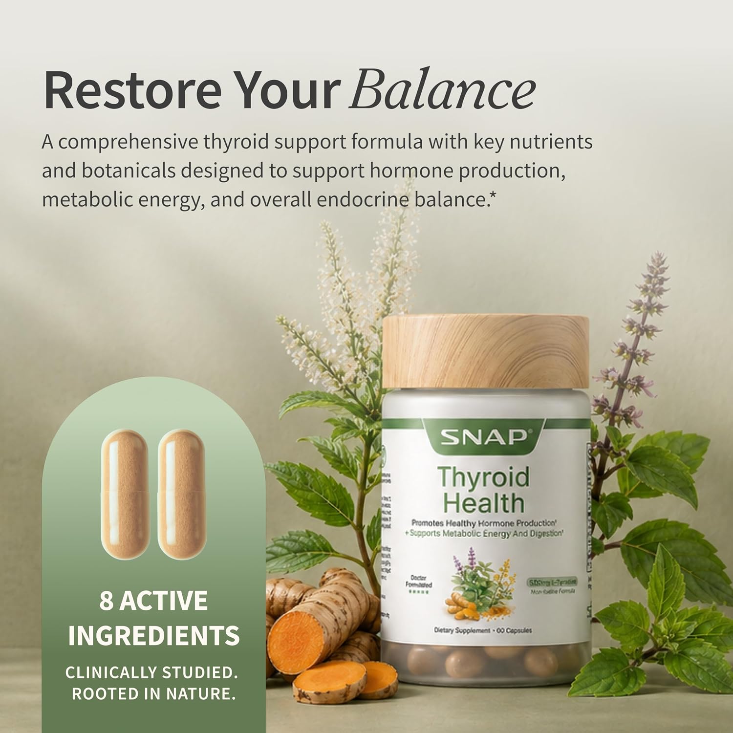 Snap Supplements Thyroid Health, Selenium, Zinc, L-Tyrosine, 60 Capsules | Thyroid Support Supplement for Women & Men, Botanicals for Metabolism, Energy & Endocrine Balance, Iodine-Free, Vegan