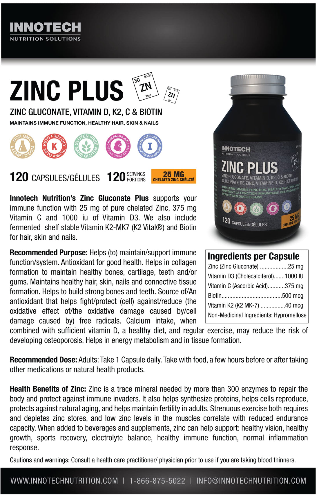 Supplement bottle labeled 'Zinc Plus' by Innotech on a white background