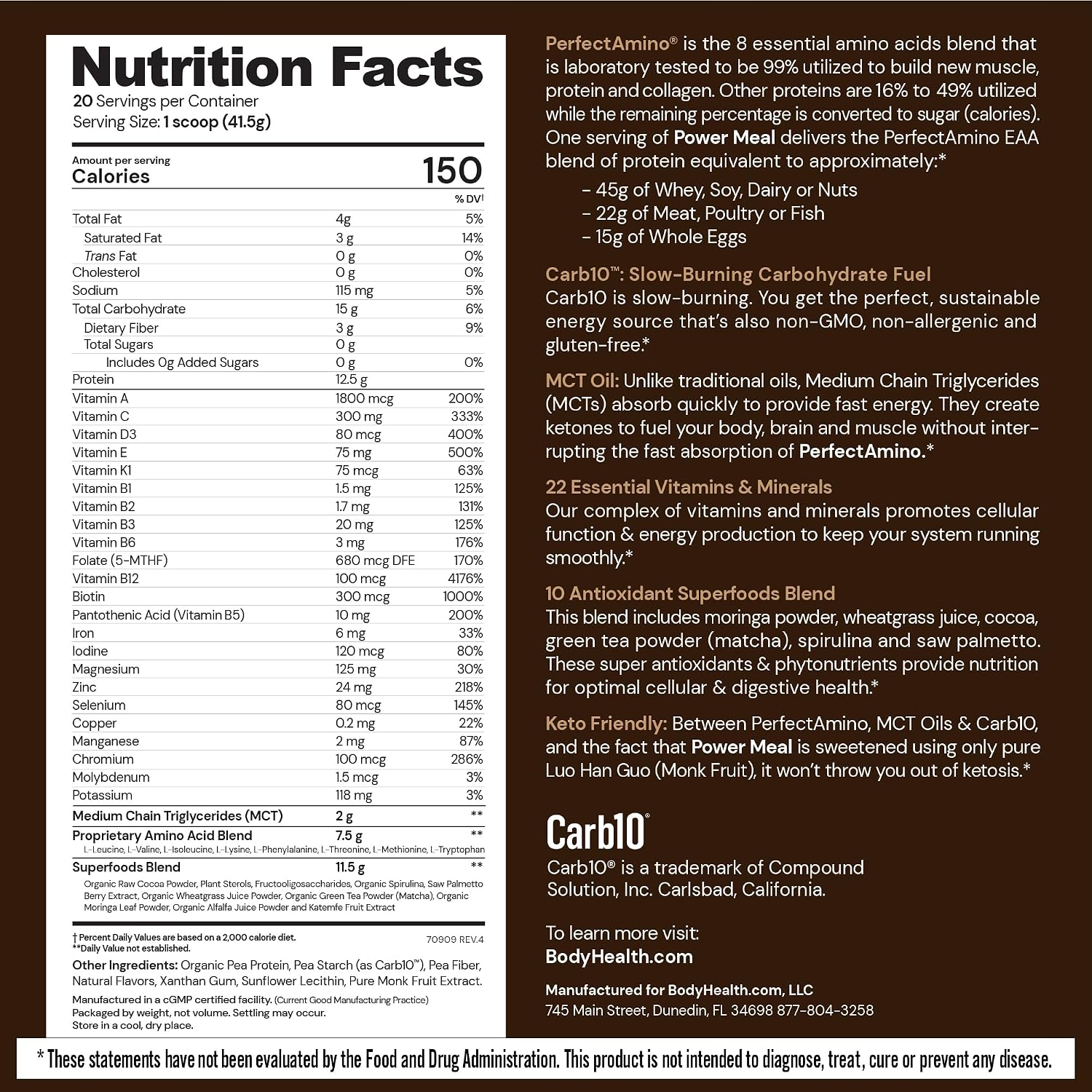 BodyHealth PerfectAmino Power Meal Shake New Dark Chocolate Flavor with MCT Oil Carb 10 and Perfect Amino Protein Base (20 Servings)