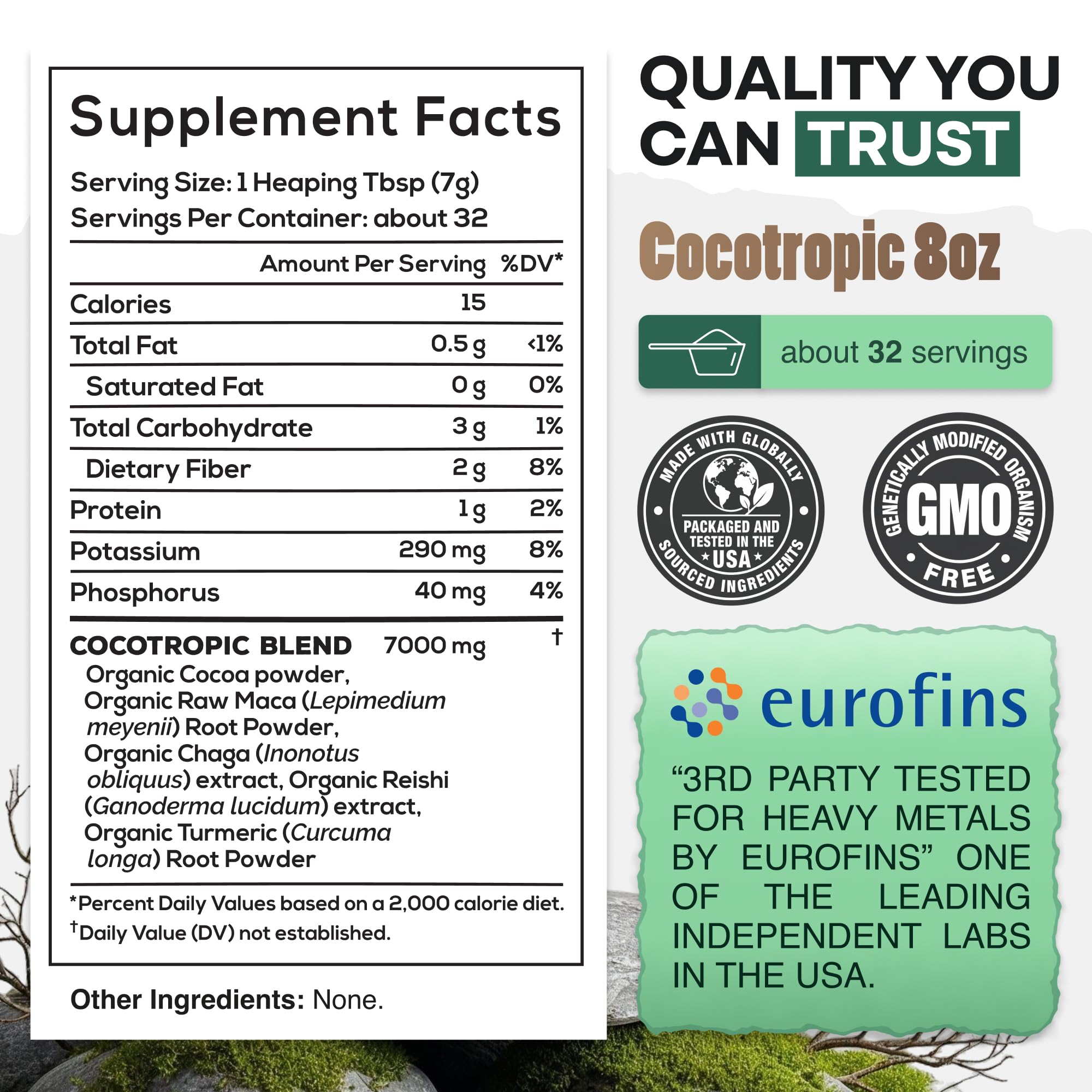 Organic Cocotropic Mushroom Hot Cocoa - Mushroom Coffee Alternative | Sugar Free Hot Chocolate | Organic Cocoa Powder, Reishi Mushrooms, Chaga, Maca Root, Turmeric | Delicious Sustained Focus, Energy & Mood Without Jitters | 16oz