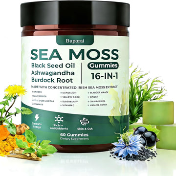 Sea Moss Gummies 16-1, Black Seed Oil Ashwagandha Turmeric Bladder Wrack Vitamin C Vitamin D3 Elderberry Manuka Dandelion Yellow Dock Apple Cider Vinegar for Men & Women