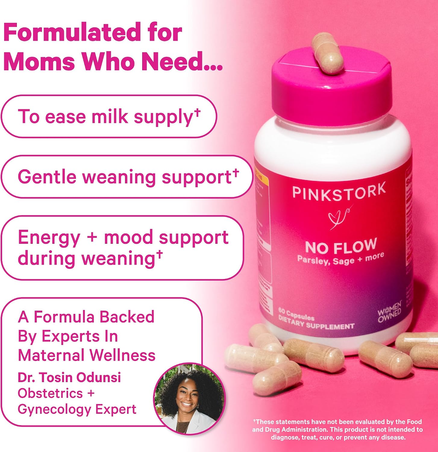 Pink Stork No Flow: Dry Up Breast Milk Supply with Sage, Parsley, and B Vitamins, Postpartum Essentials for Women to Stop Breastfeeding and Decrease Milk Production, 60 Capsules