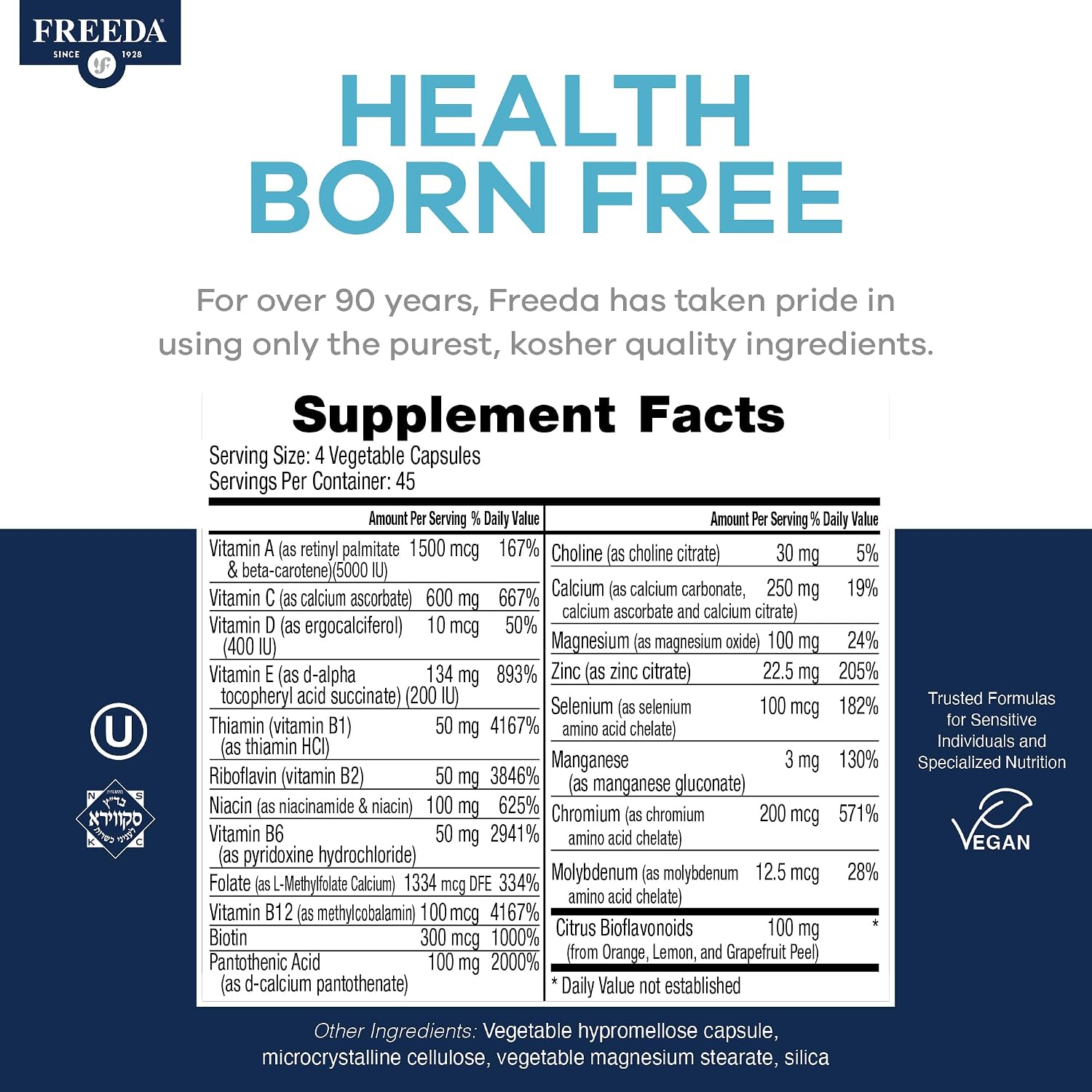 FREEDA SCD Multivitamin – Daily Multivitamin Supplement for Men & Women – Vegan, Gluten-Free, SCD Legal – Kosher Certified Adult Vitamins – Specific Carbohydrate Diet Friendly – 180 Capsules | SCD Legal Formula with Essential Vitamins & Minerals for Men a