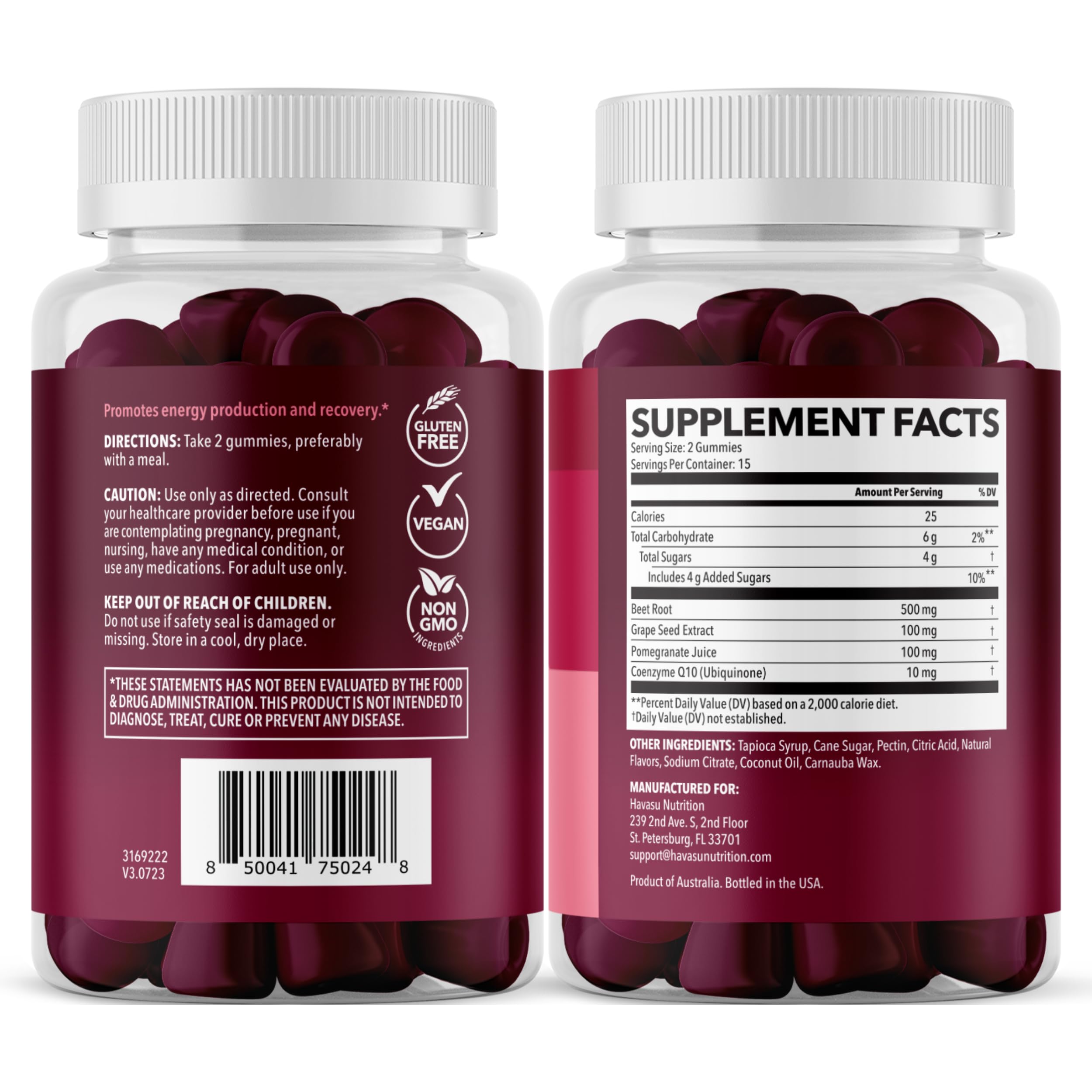 Beet Root Gummies with COQ10 and Grape Seed, Mixed Berry, 30 Servings | Nitric Oxide Supplement with Beetroot, Grape Seed Extract and COQ10 for Performance and Recovery, Vegan, Non-GMO, Gluten-Free