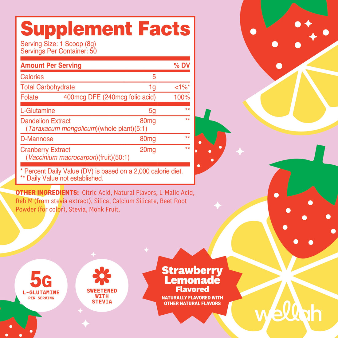 Wellah L-Glutamine Strawberry Lemonade Flavored (50 Servings) - 5g L-Glutamine Per Serving, Sweetened with Stevia