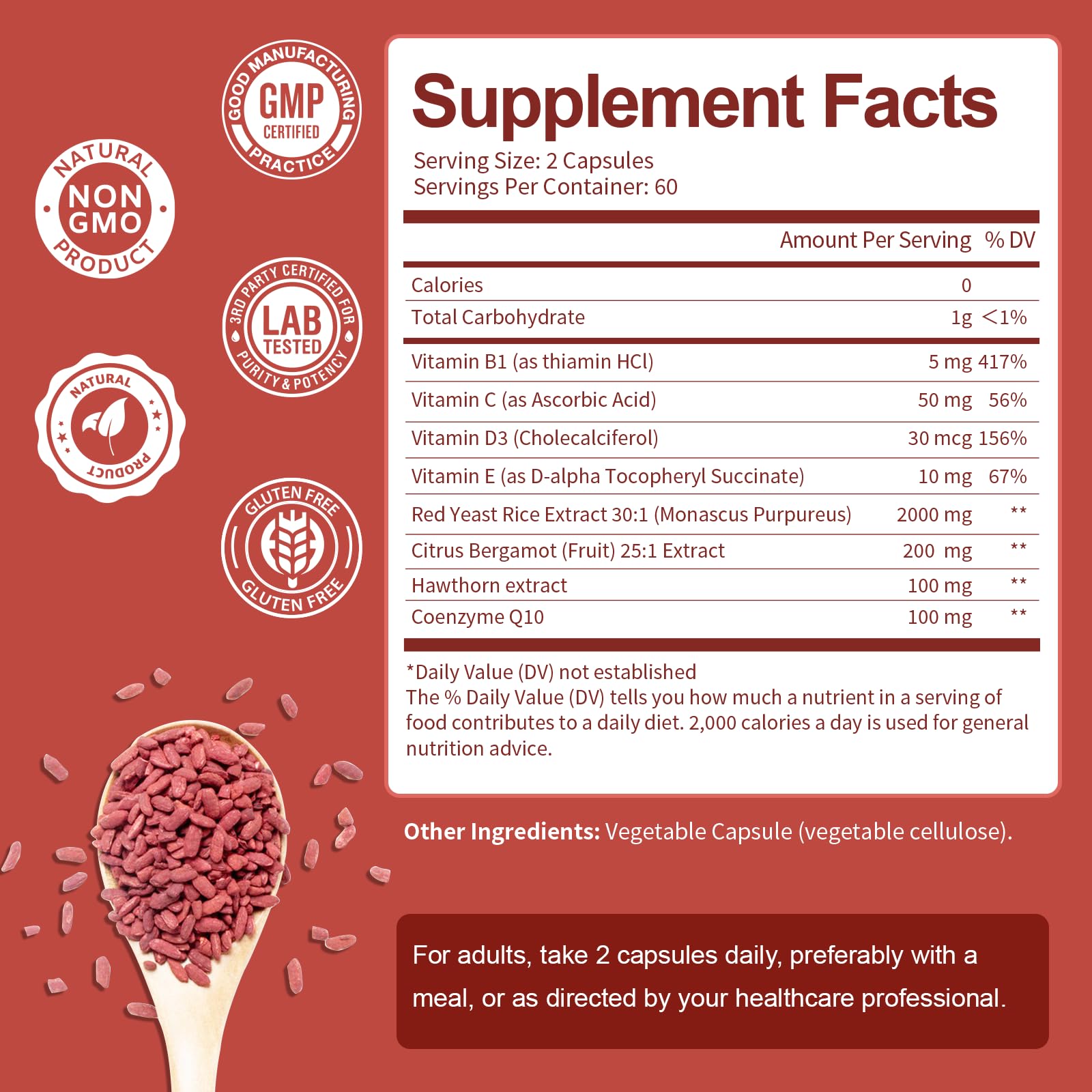 Totaria Red Yeast Rice 2,000mg with CoQ10 Supplement - Advanced Healthy Heart & Healthy Cholesterol Levels - Citrinin Free Extract Red Yeast Rice Capsules Plus Citrus Bergamot - Vegan, Non-GMO