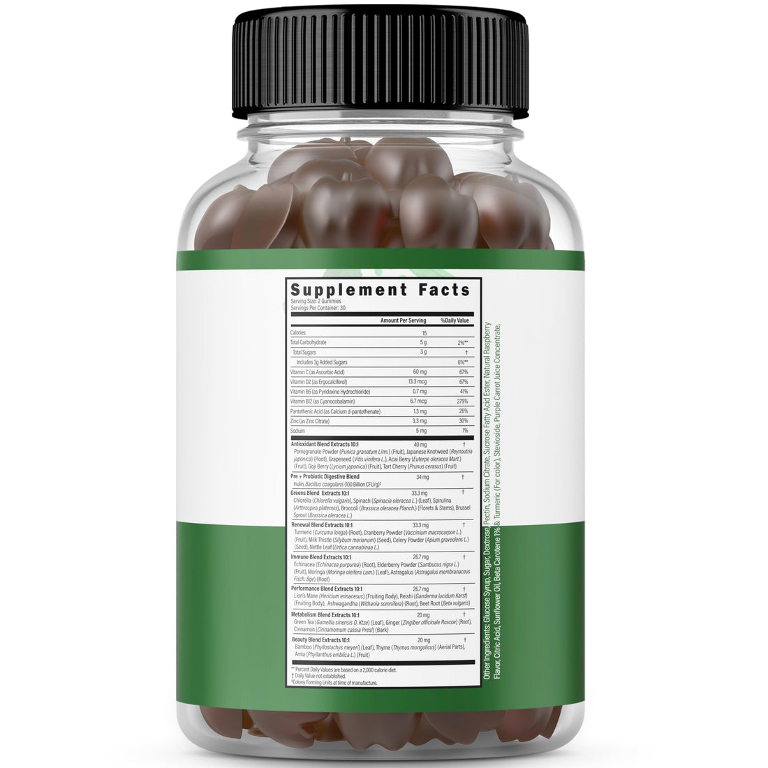 Two supplement bottles labeled 'Colostrum' and 'Supergreens Gummies' on a white background.