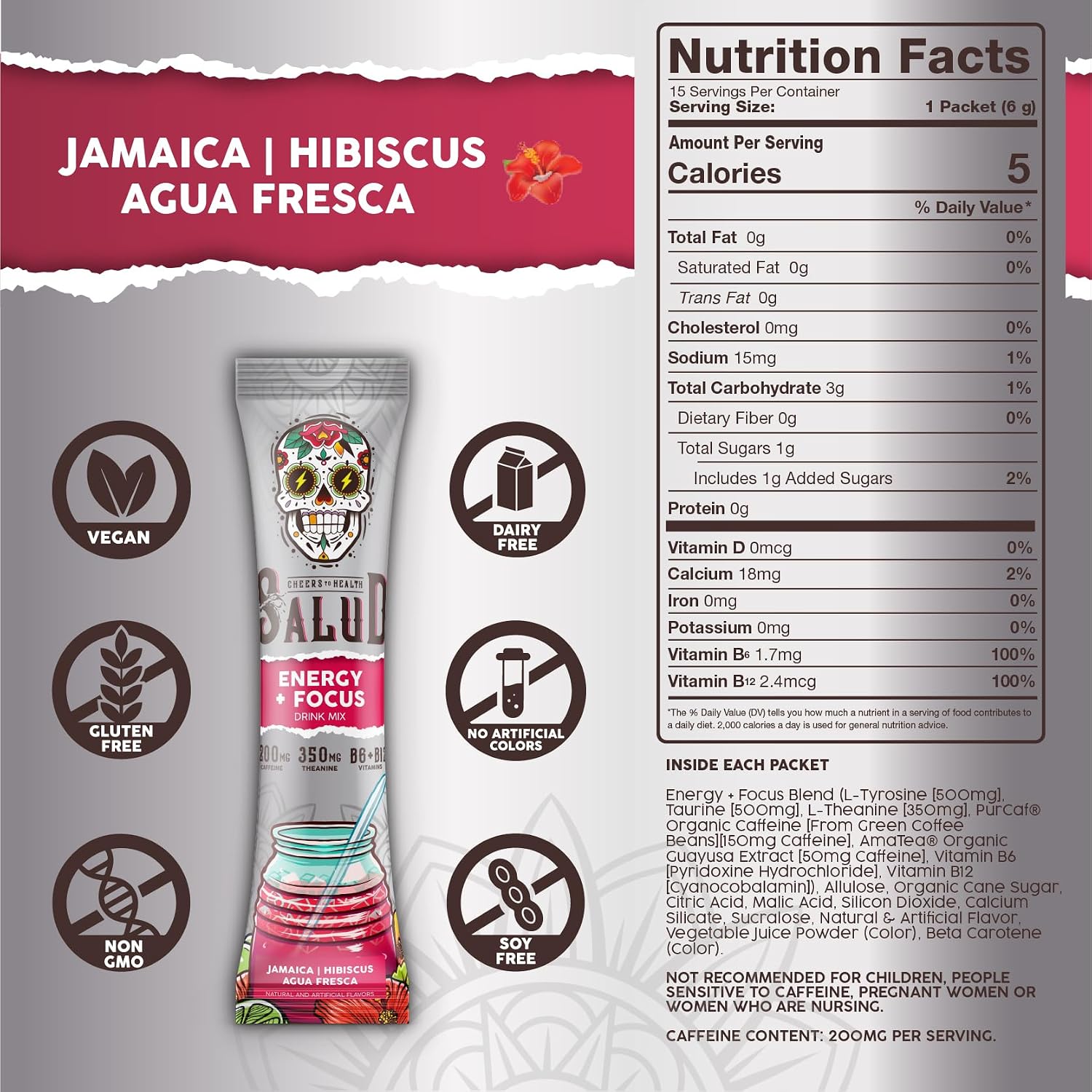 Salud 2-Pack |2-in-1 Energy + Focus (Hibiscus) & Energy + Focus (Cucumber Lime) – 15 Servings Each, Agua Fresca Drink Mix, Non-GMO, Gluten Free, Vegan, Low Calorie, 1g of Sugar