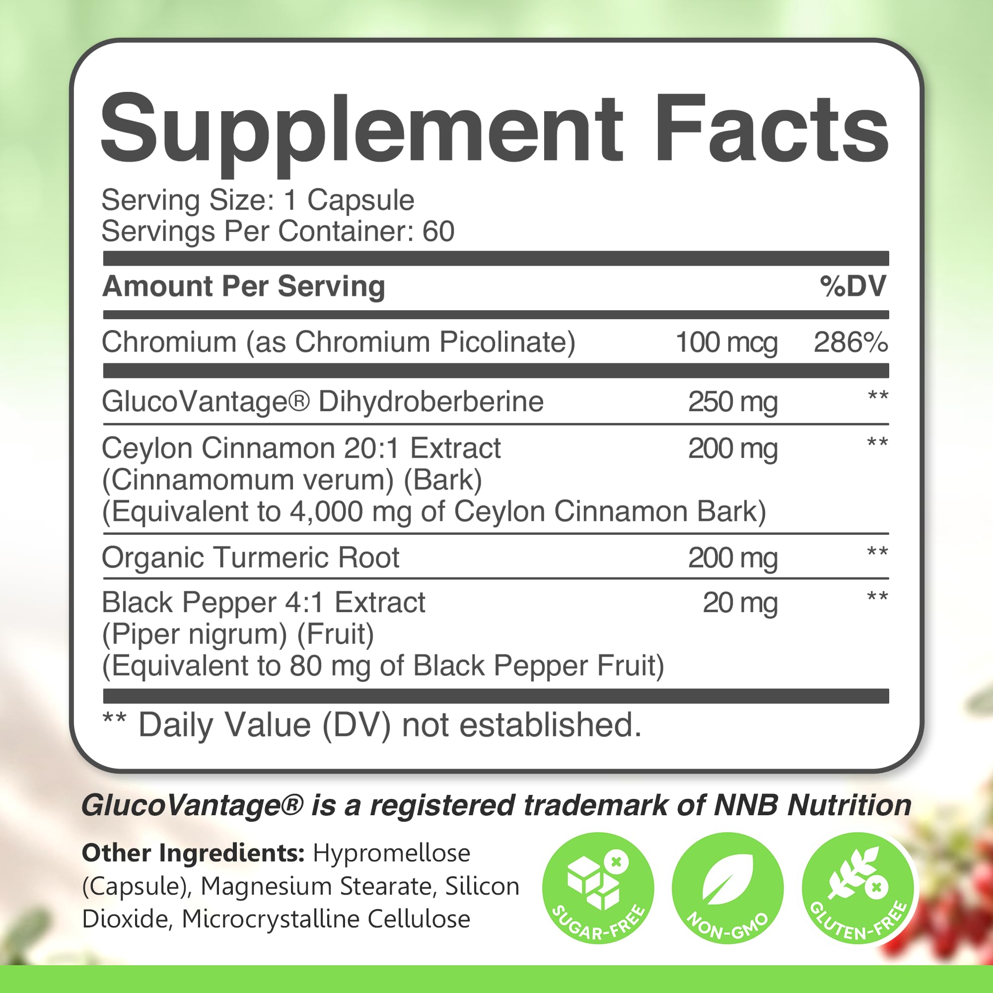 Dihydroberberine 250mg | GlucoVantage 30 days Supply | DHB supplement