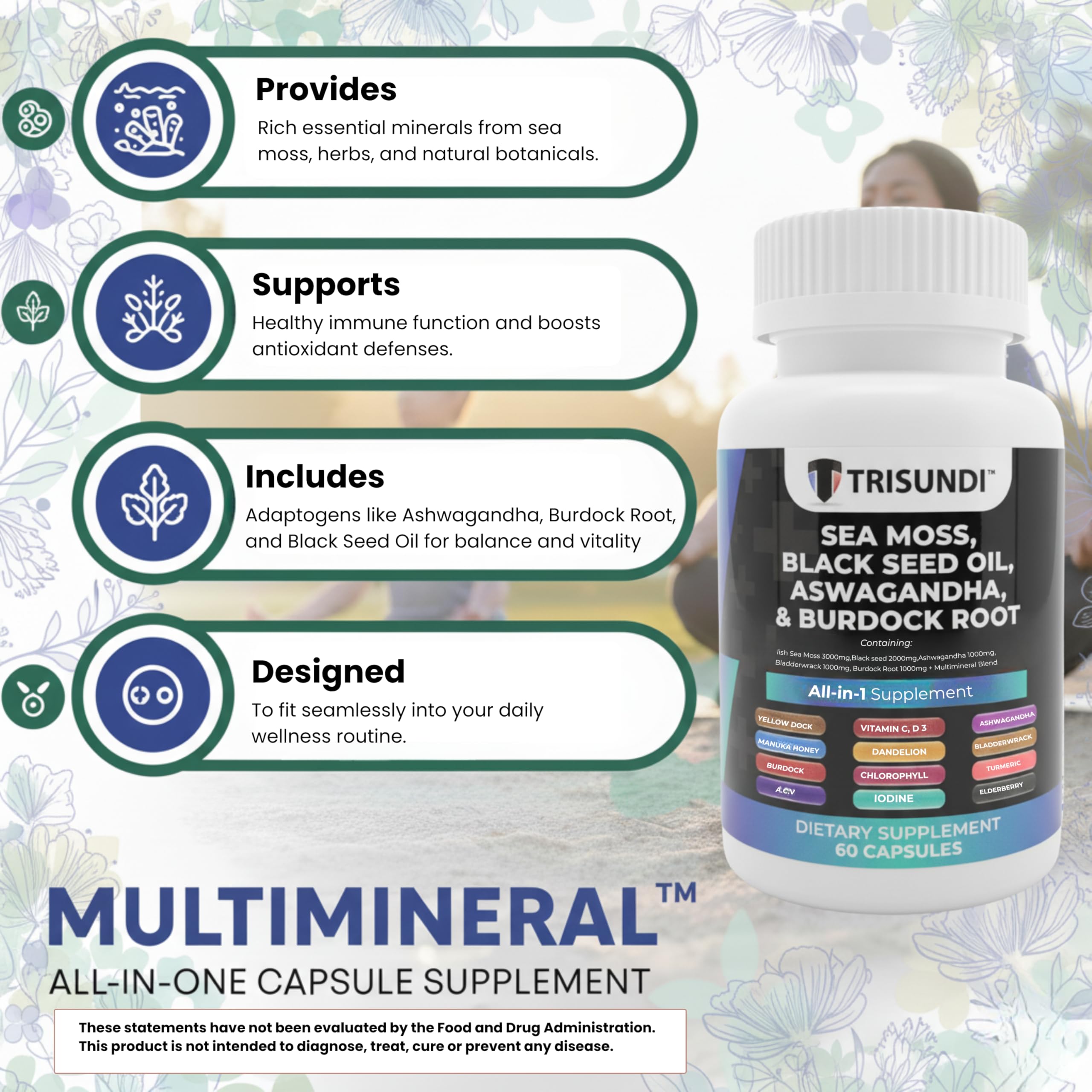 Trisundi Sea Moss Complex with Black Seed Oil, Ashwagandha & Burdock Root – All-in-One Herbal Supplement with Vitamins & Minerals – 60 Capsules TrisundiBuy Supplements Australia