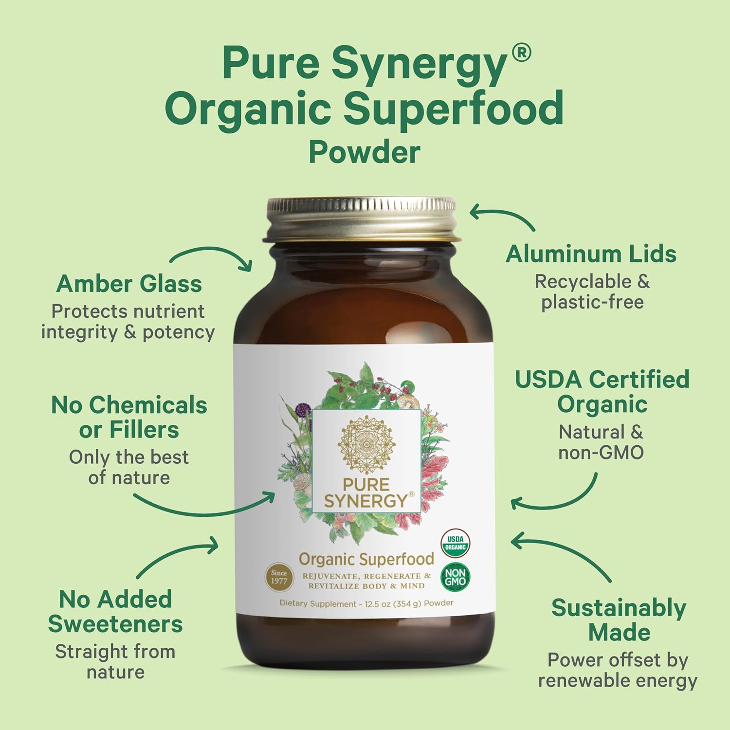 PURE SYNERGY Organic Superfood Powder | Green Superfood Powder | Whole Food Supplement with Organic Greens, Spirulina and Mushrooms | for Energy, Healthy Aging, and Immune Health (12.5 oz)