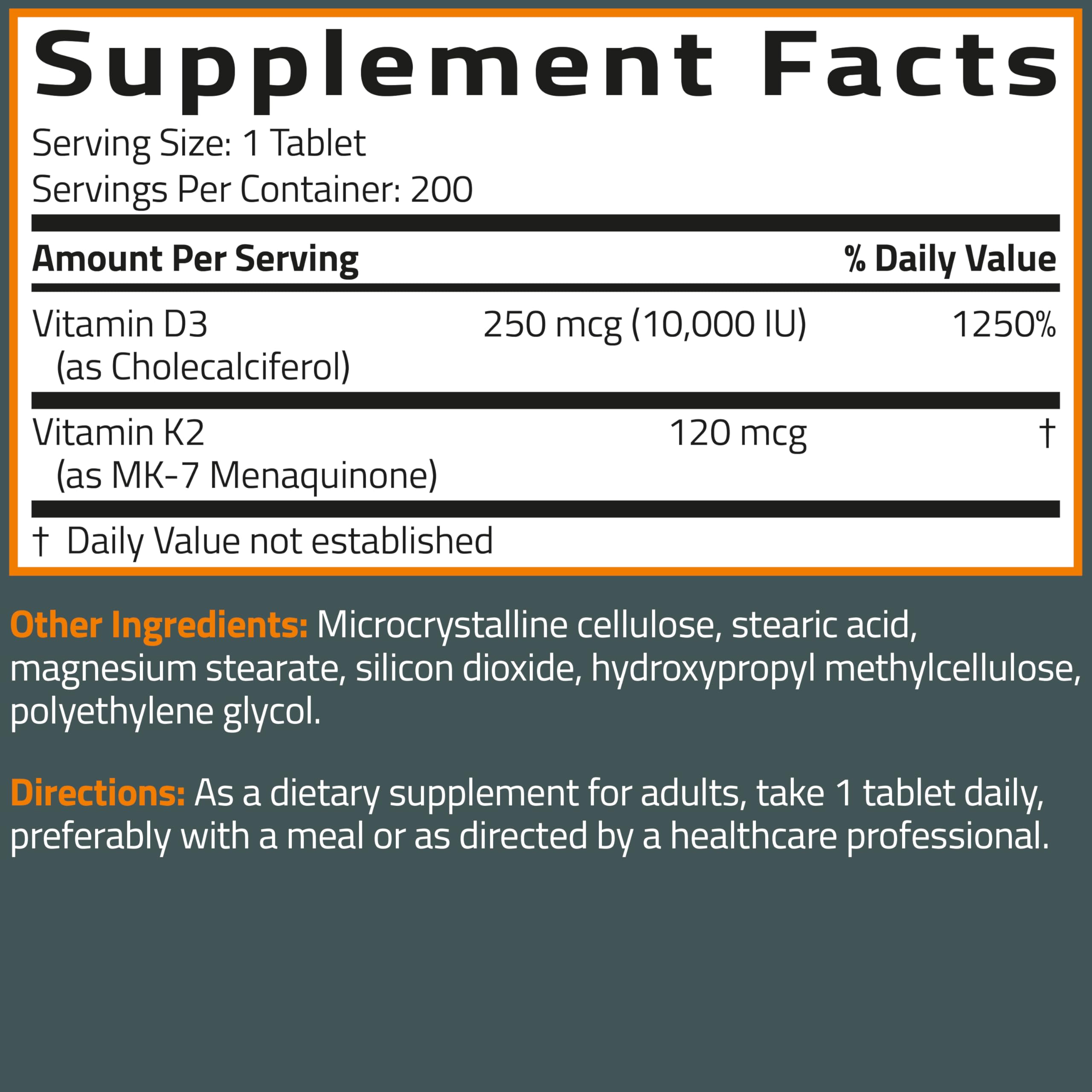 Bronson Vitamin K2 (MK7) with D3 Supplement Extra Strength 2 in 1 Support, 10,000 IU Vitamin D3 & 120 mcg K2 MK-7, 120 Tablets