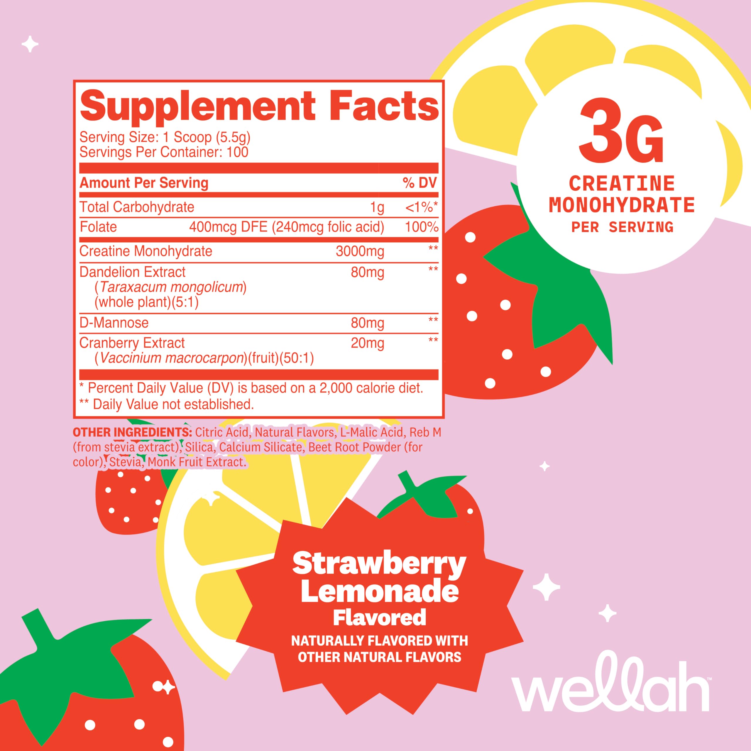Wellah Creatine for Women - Creatine Monohydrate with Dandelion & Cranberry Extract (50 Servings, Strawberry Lemonade) | Creatine Monohydrate with Dandelion & Cranberry Extract